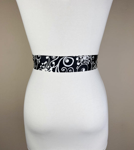 Narrow Black & White Sash Belt, Printed White and Black Satin Sash, Black White Satin Sash, Satin Sash Belt, Black Dress Sash, Satin Swank