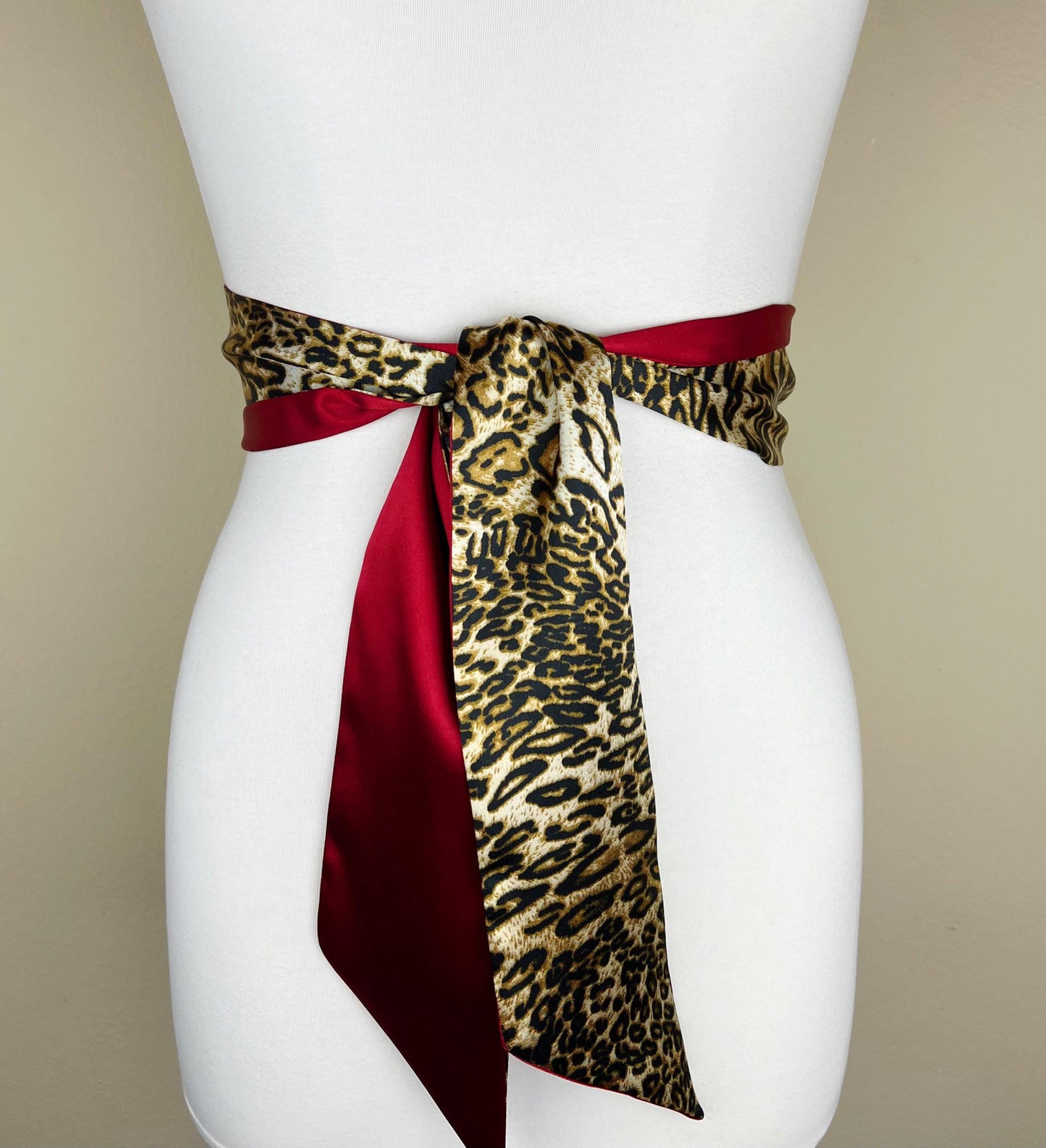 Wide Leopard Sash, Crimson & Leopard Satin Sash, Golden Leopard and Red Sash, Leopard Sash Reverses to Crimson Red or Black, Satin Swank