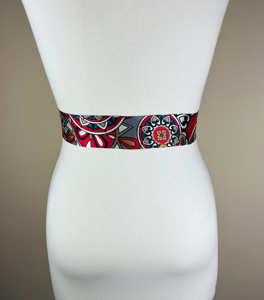 Narrow Medallion Print Sash in Red, Black & Gray, Bohemian Sash Belt, Black and Red Print Satin Sash Belt, Boho Accessories, Satin Swank