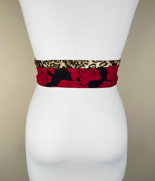 Leopard & Red Rose Sash, Rose and Leopard Satin Sash, Leopard and Red Sash, Golden Leopard Sash Reverses to Red Rose Sash, Satin Swank