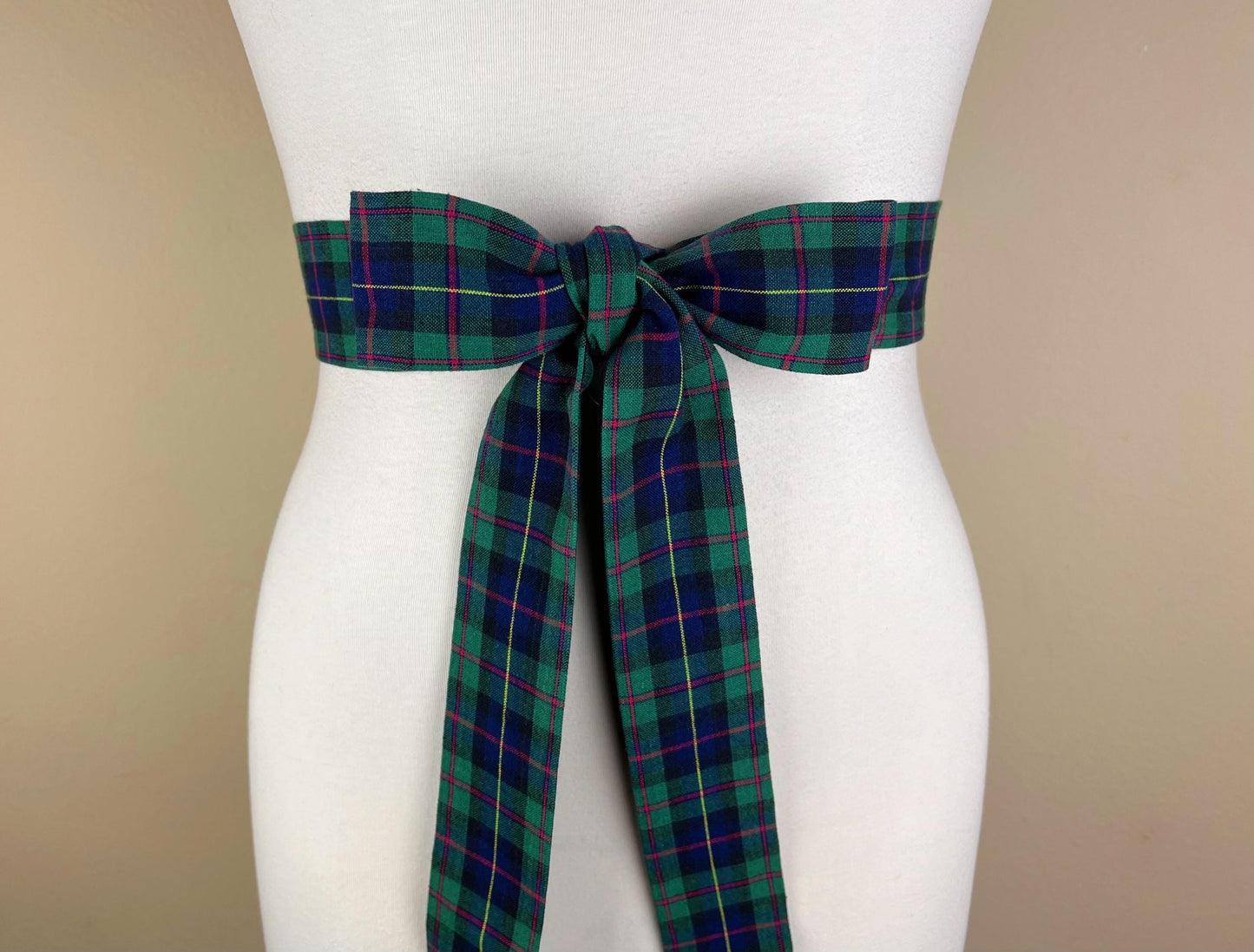 Narrow Hunter Green & Blue Plaid Sash Belt, Blue and Green Tartan Sash, Dark Green and Blue Plaid Sash, Hunter Green Tartan Sash Satin Swank