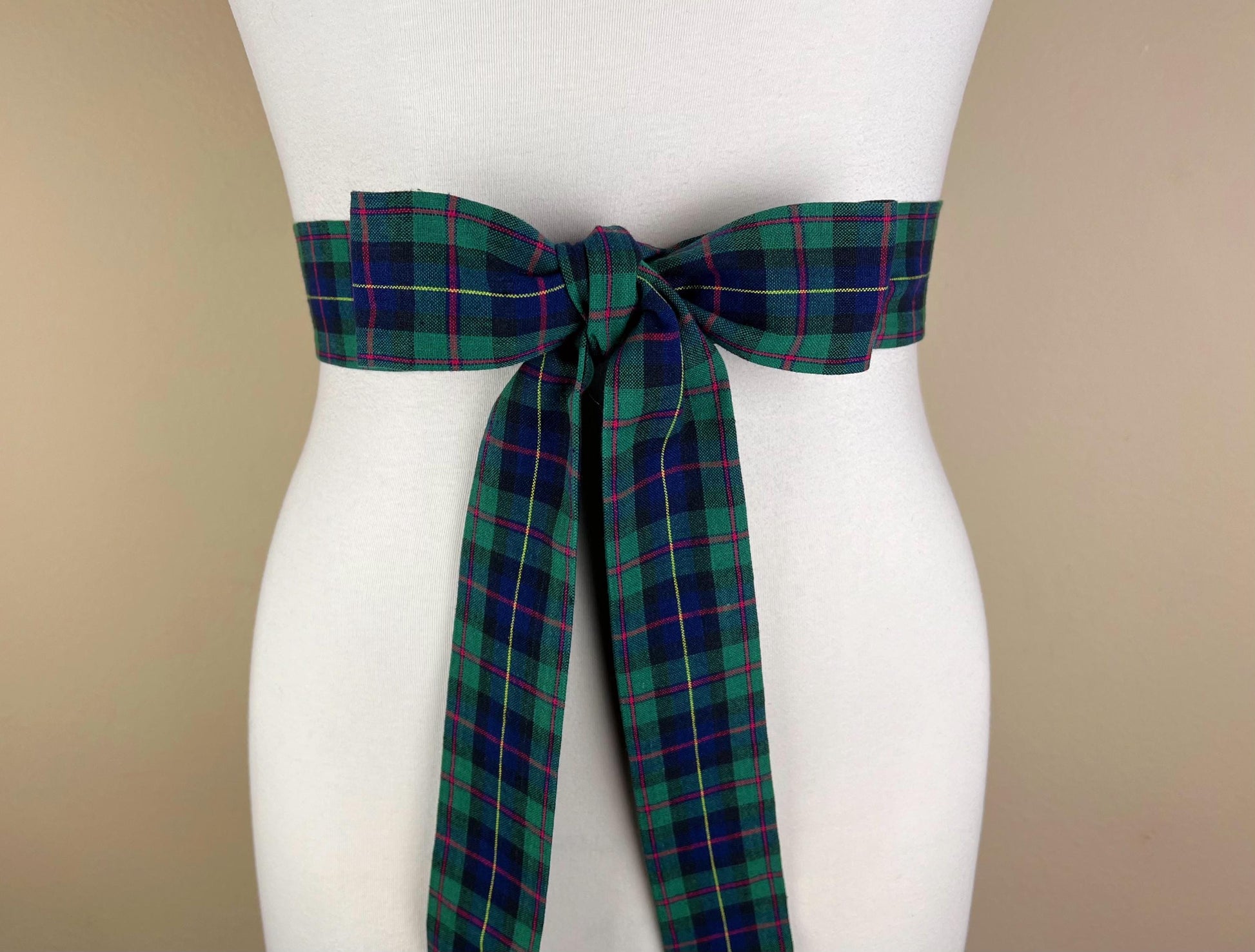 Narrow Hunter Green & Blue Plaid Sash Belt, Blue and Green Tartan Sash, Dark Green and Blue Plaid Sash, Hunter Green Tartan Sash Satin Swank