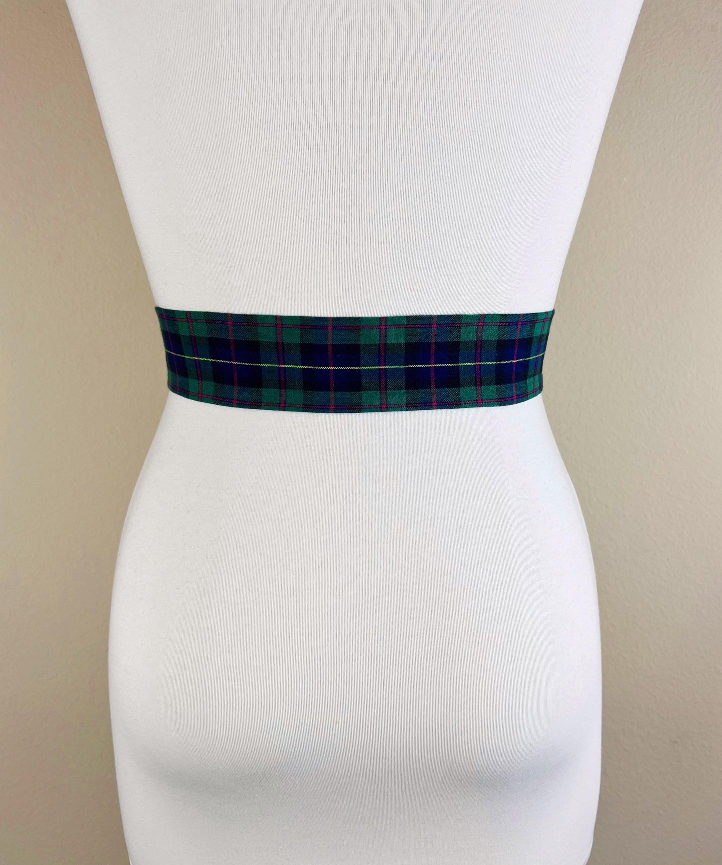 Narrow Hunter Green & Blue Plaid Sash Belt, Blue and Green Tartan Sash, Dark Green and Blue Plaid Sash, Hunter Green Tartan Sash Satin Swank