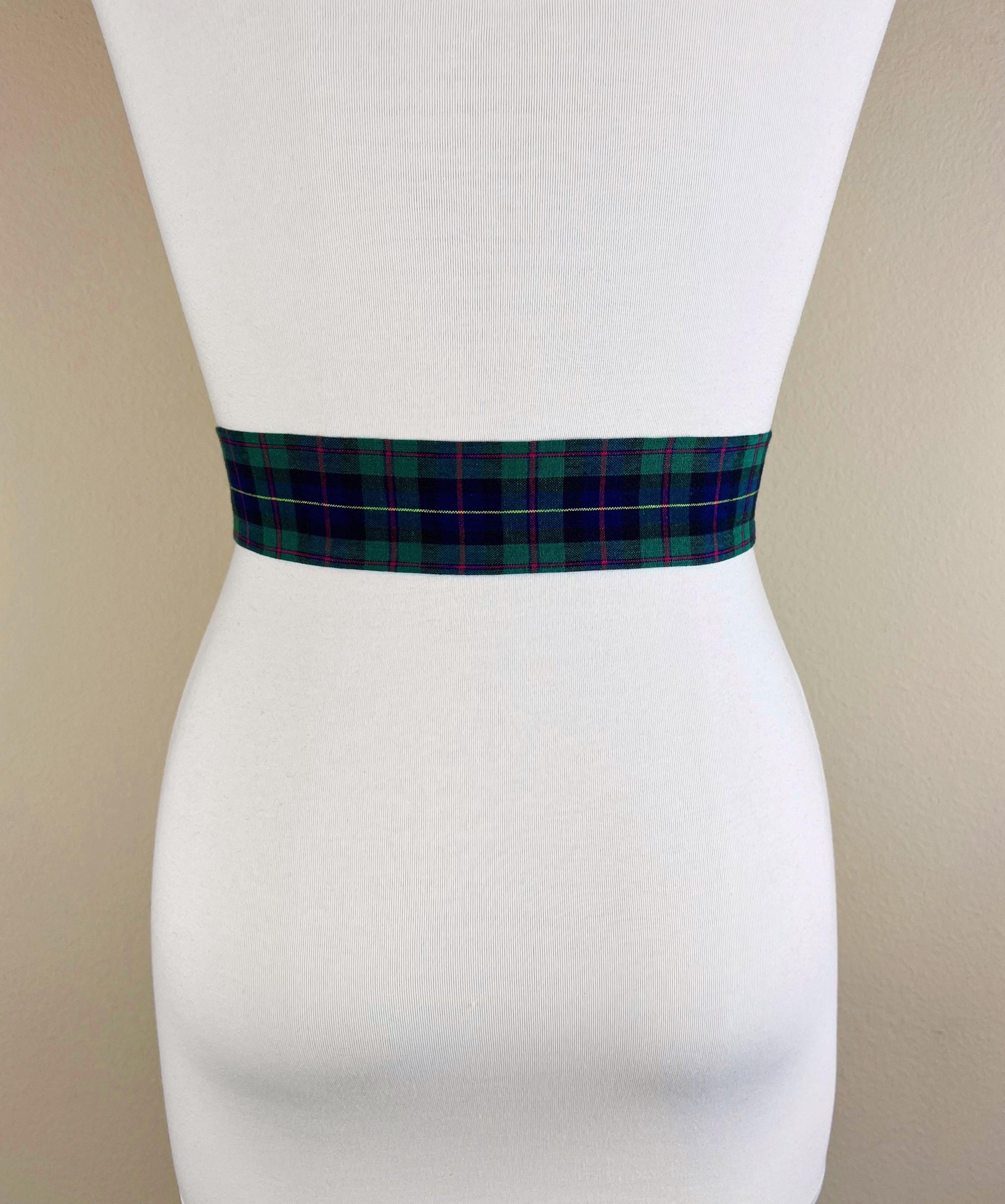 Narrow Hunter Green & Blue Plaid Sash Belt, Blue and Green Tartan Sash, Dark Green and Blue Plaid Sash, Hunter Green Tartan Sash Satin Swank