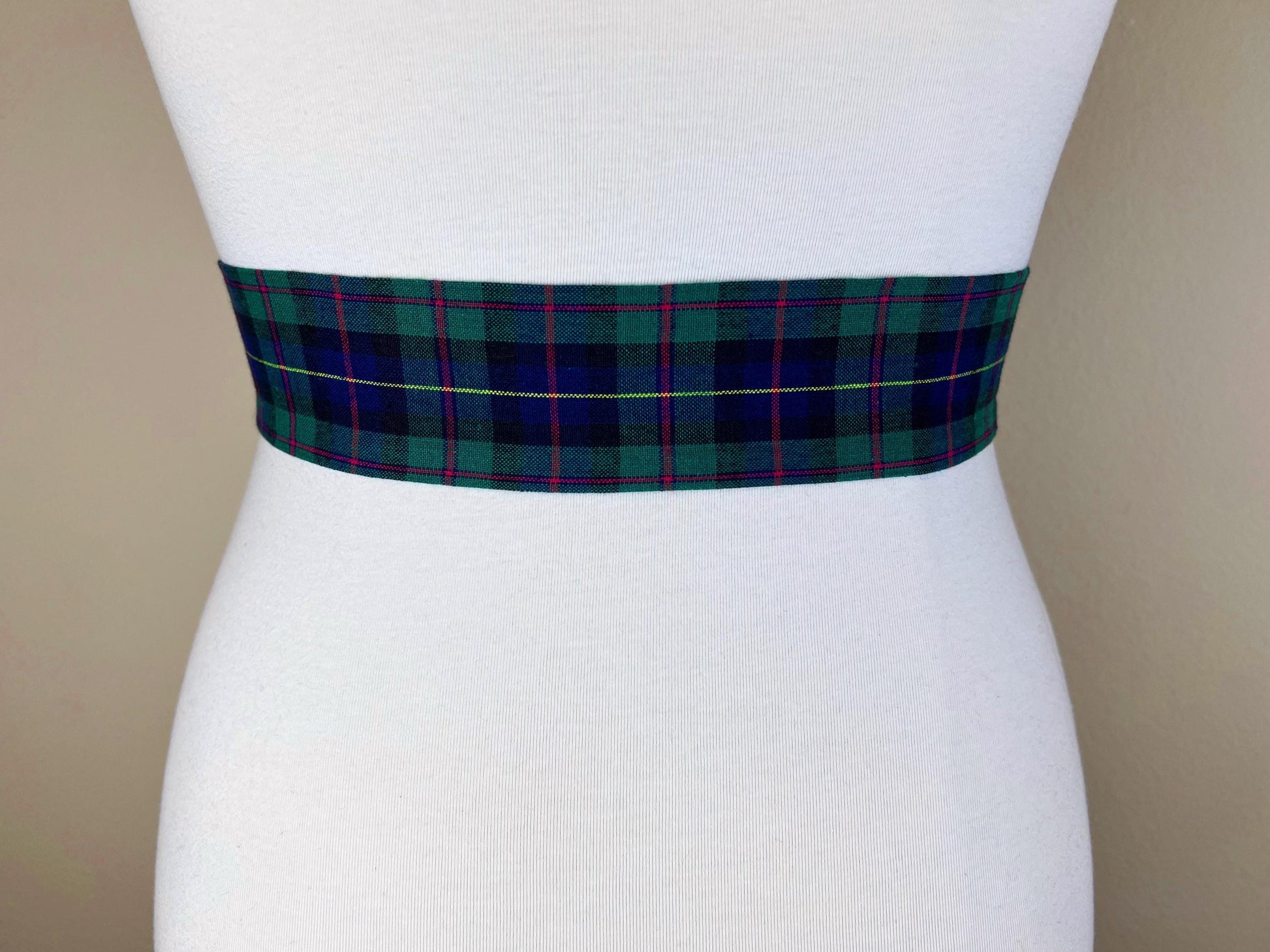 Narrow Hunter Green & Blue Plaid Sash Belt, Blue and Green Tartan Sash, Dark Green and Blue Plaid Sash, Hunter Green Tartan Sash Satin Swank
