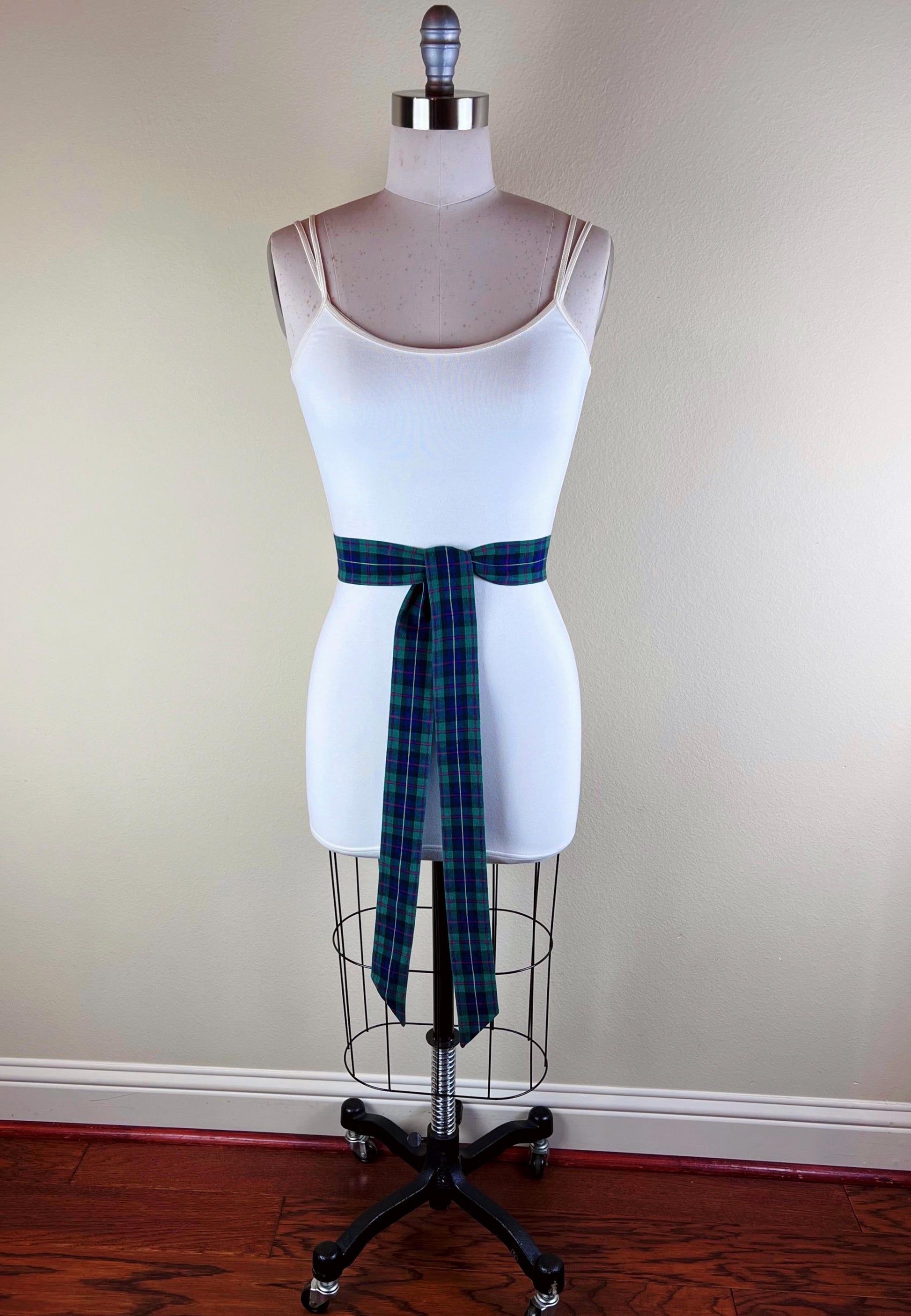 Narrow Hunter Green & Blue Plaid Sash Belt, Blue and Green Tartan Sash, Dark Green and Blue Plaid Sash, Hunter Green Tartan Sash Satin Swank