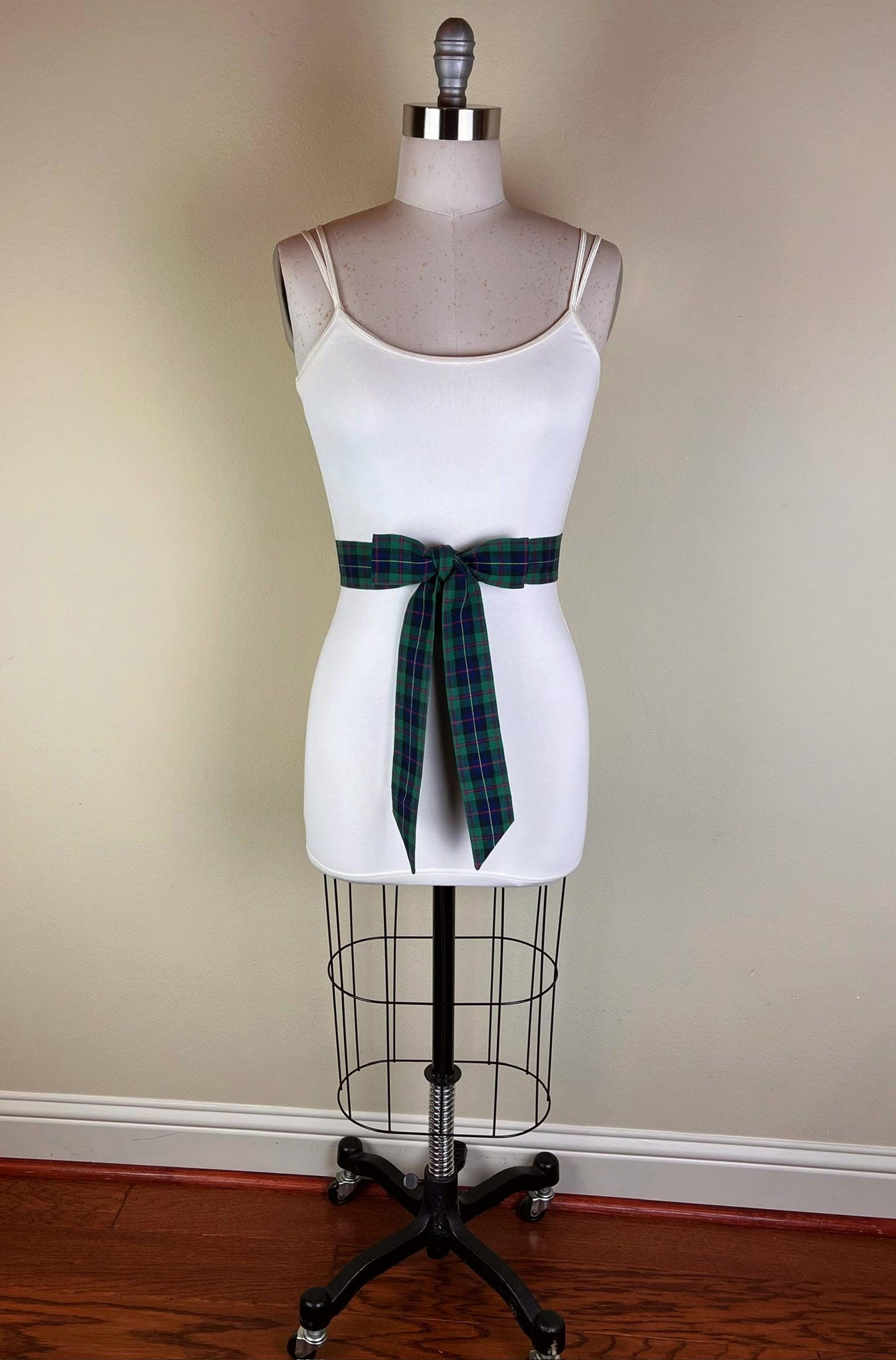 Narrow Hunter Green & Blue Plaid Sash Belt, Blue and Green Tartan Sash, Dark Green and Blue Plaid Sash, Hunter Green Tartan Sash Satin Swank
