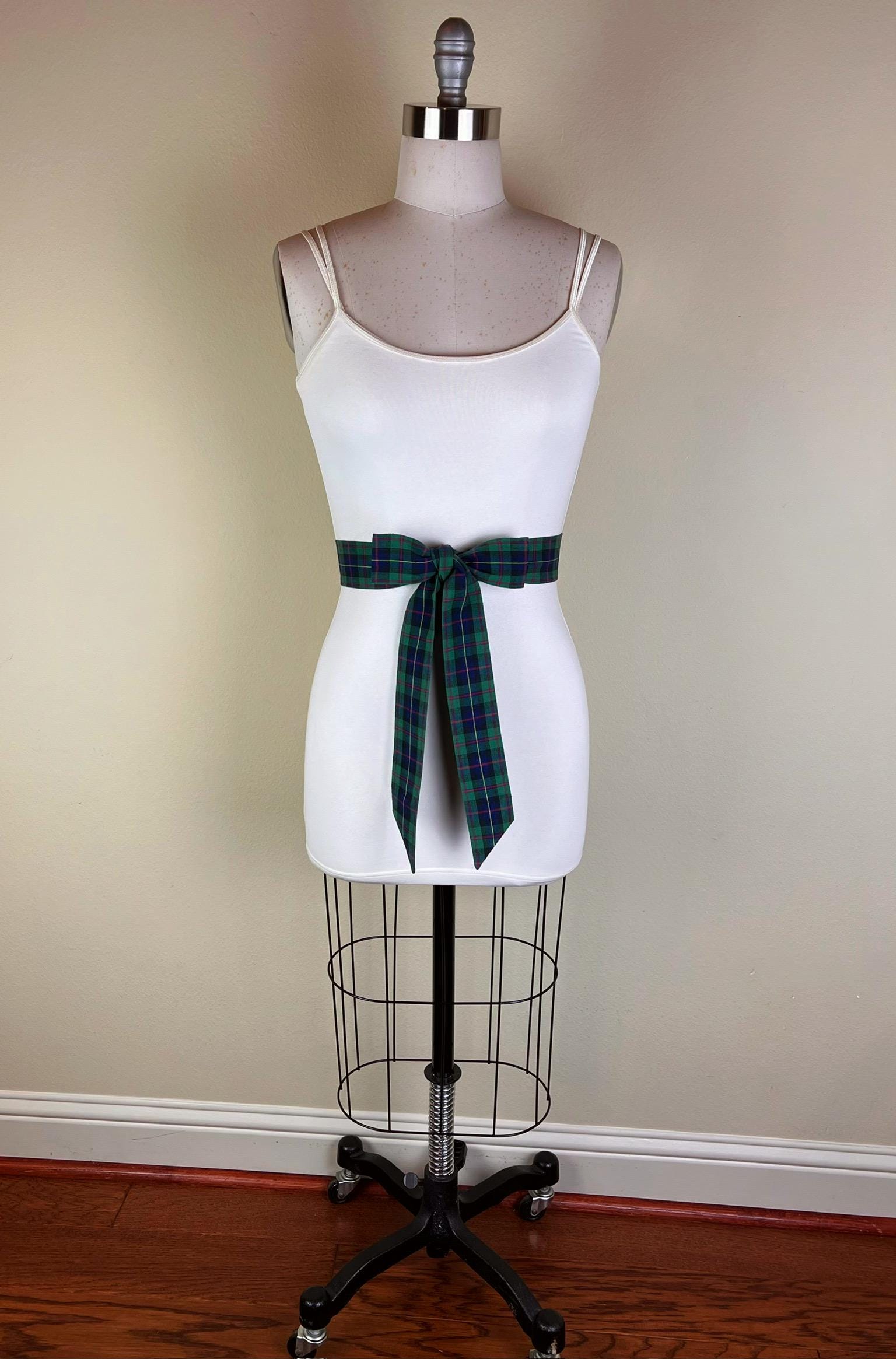 Narrow Hunter Green & Blue Plaid Sash Belt, Blue and Green Tartan Sash, Dark Green and Blue Plaid Sash, Hunter Green Tartan Sash Satin Swank
