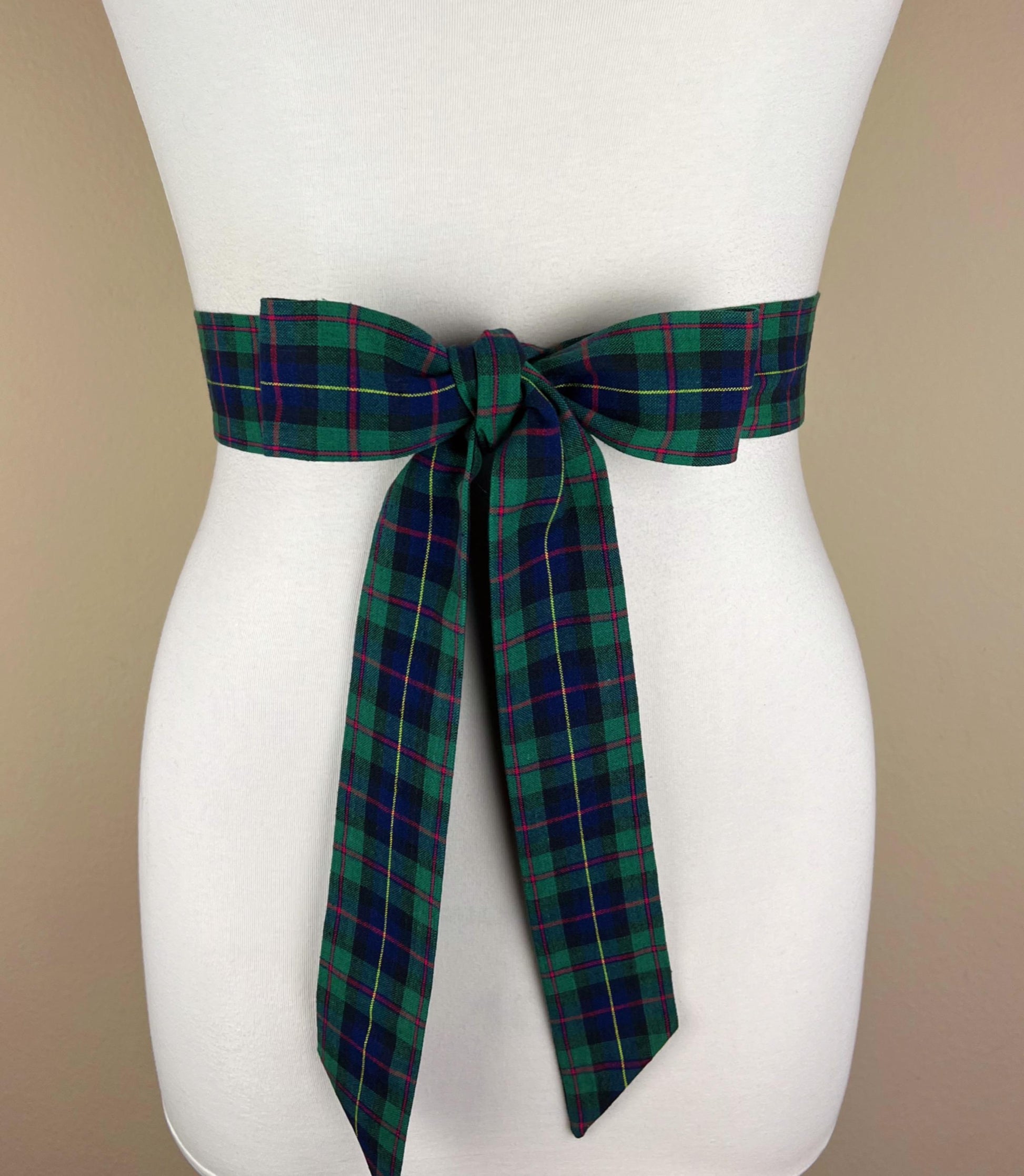 Narrow Hunter Green & Blue Plaid Sash Belt, Blue and Green Tartan Sash, Dark Green and Blue Plaid Sash, Hunter Green Tartan Sash Satin Swank