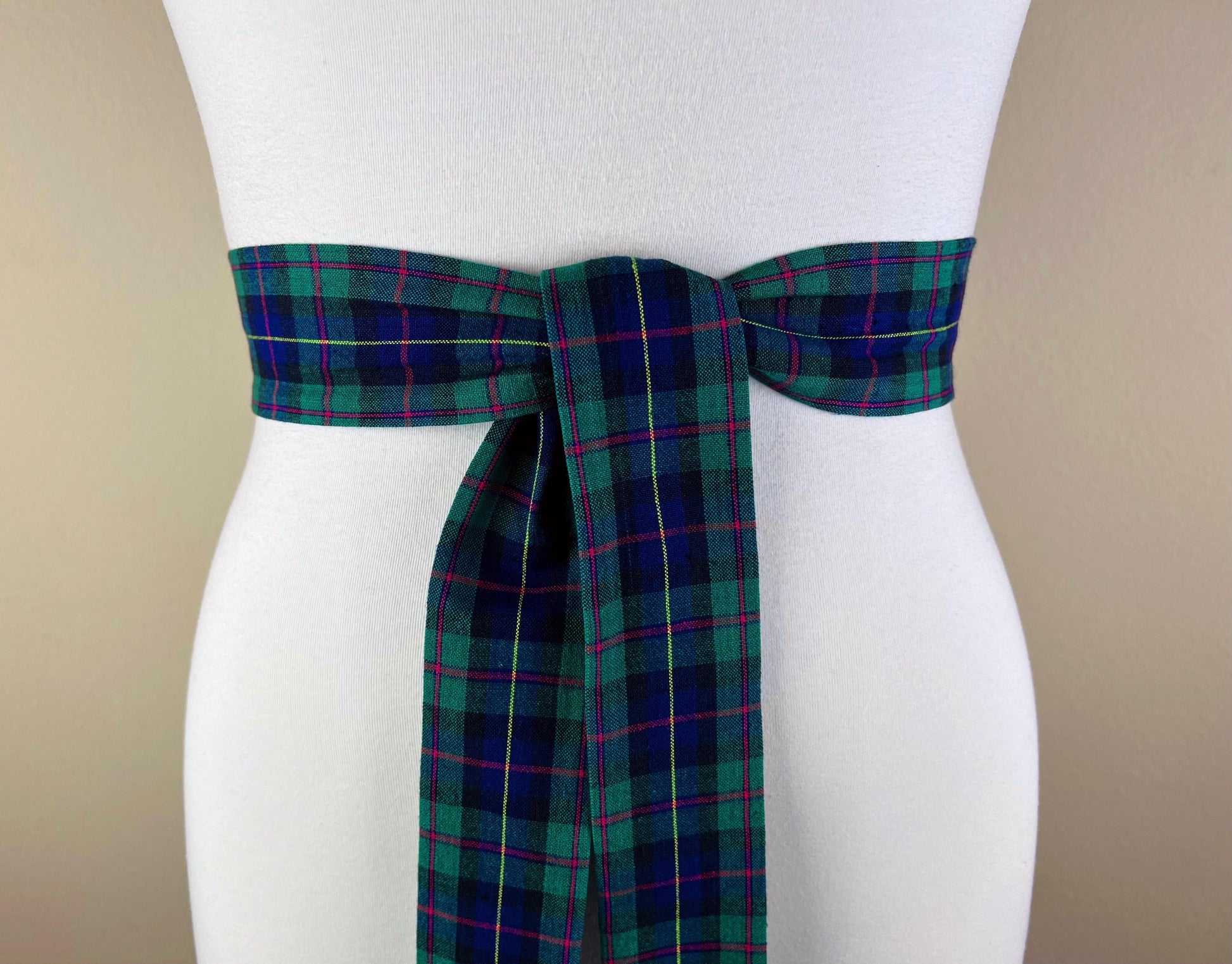 Narrow Hunter Green & Blue Plaid Sash Belt, Blue and Green Tartan Sash, Dark Green and Blue Plaid Sash, Hunter Green Tartan Sash Satin Swank