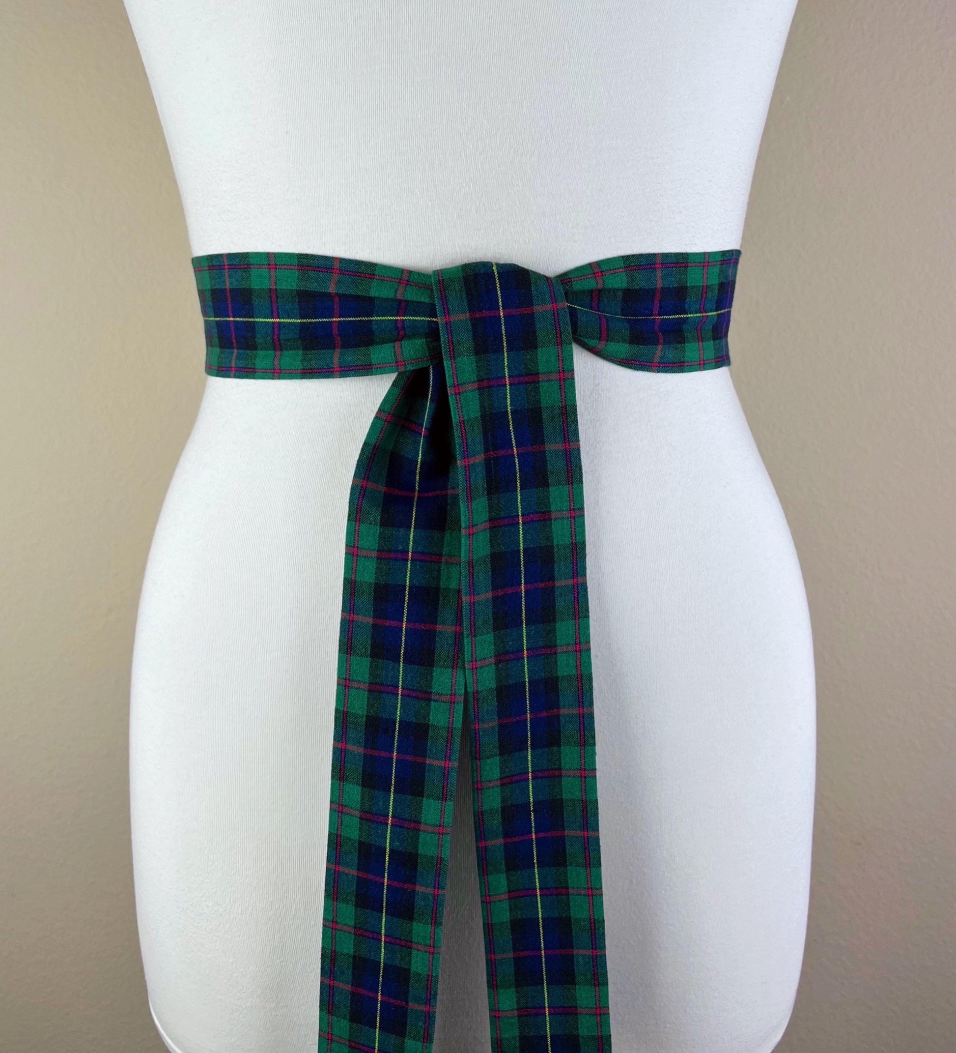 Narrow Hunter Green & Blue Plaid Sash Belt, Blue and Green Tartan Sash, Dark Green and Blue Plaid Sash, Hunter Green Tartan Sash Satin Swank