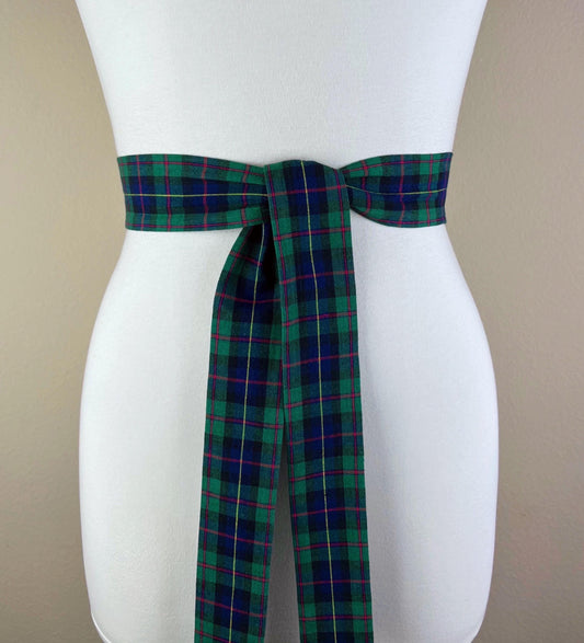 Narrow Hunter Green & Blue Plaid Sash Belt, Blue and Green Tartan Sash, Dark Green and Blue Plaid Sash, Hunter Green Tartan Sash Satin Swank