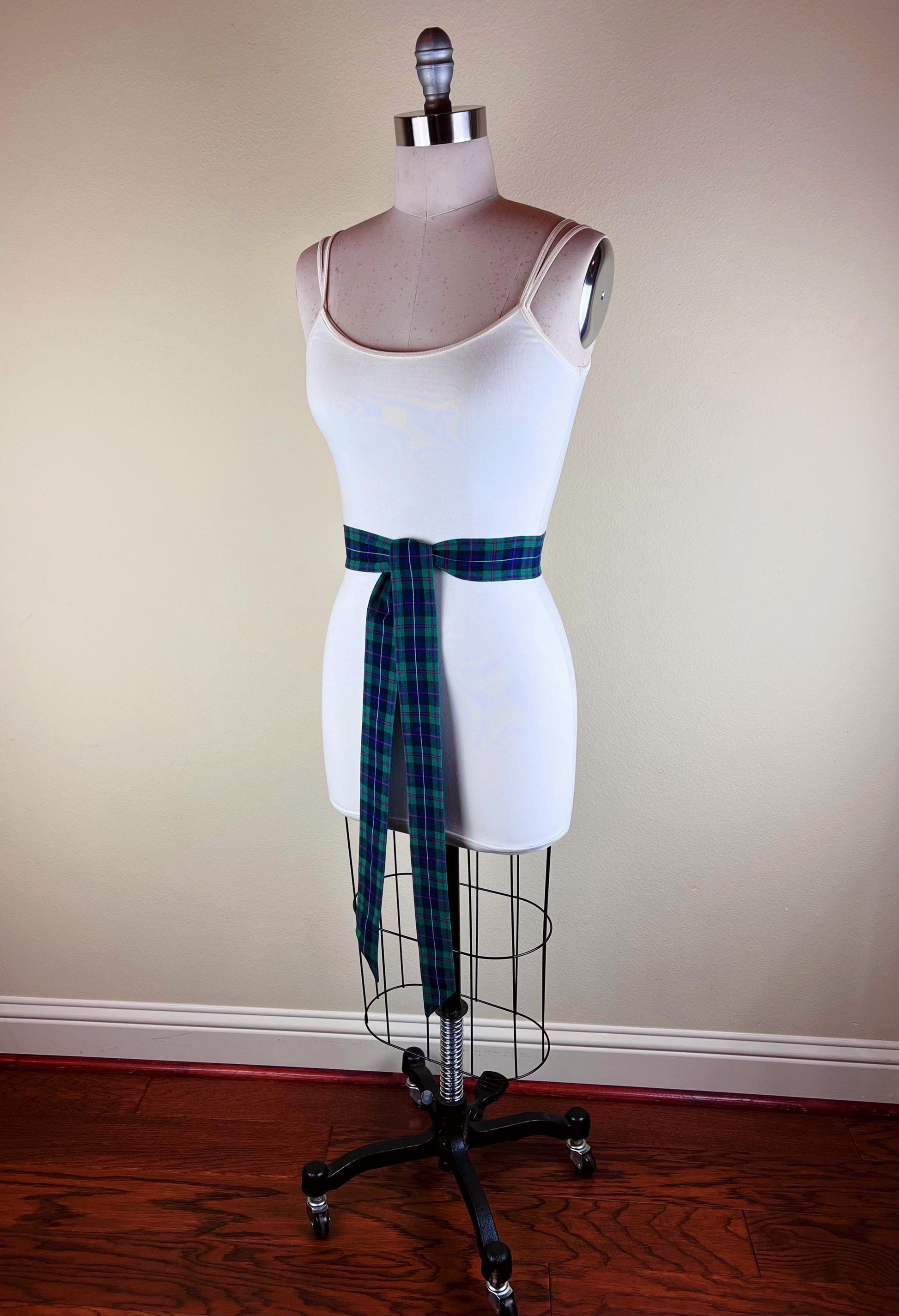 Narrow Hunter Green & Blue Plaid Sash Belt, Blue and Green Tartan Sash, Dark Green and Blue Plaid Sash, Hunter Green Tartan Sash Satin Swank