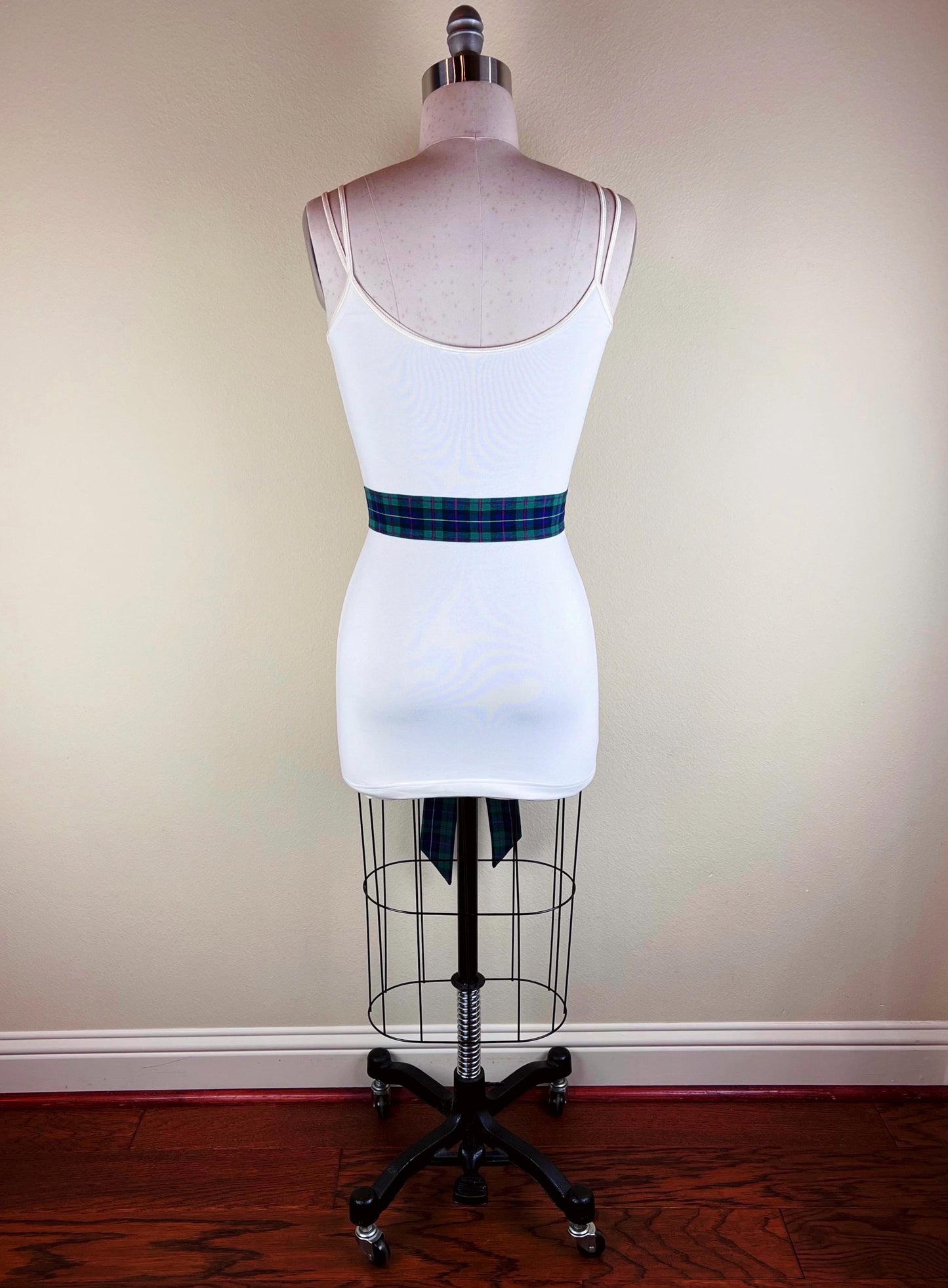 Narrow Hunter Green & Blue Plaid Sash Belt, Blue and Green Tartan Sash, Dark Green and Blue Plaid Sash, Hunter Green Tartan Sash Satin Swank