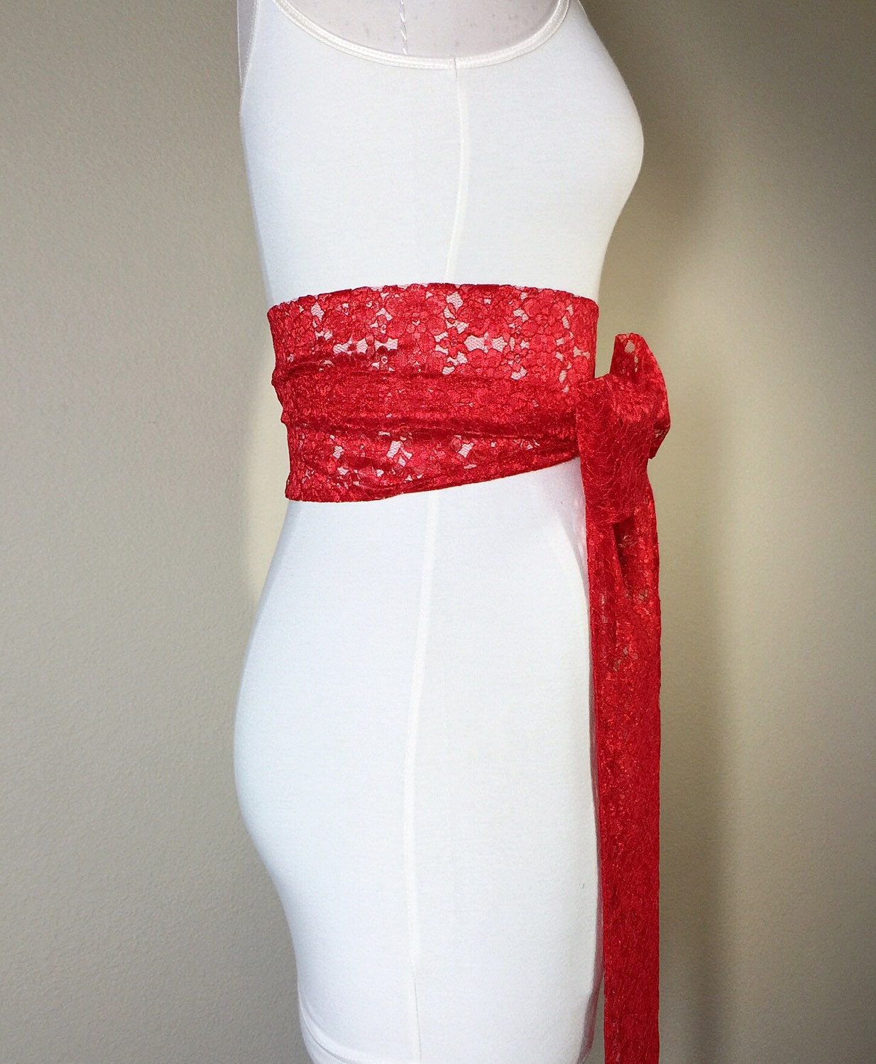 Bright Red Lace Sash, Holiday Sash, Extra Long Wedding Dress Sash, Holiday Red Sash, Bridal Belt, Long Length Lace Wrap Belt, Satin Swank