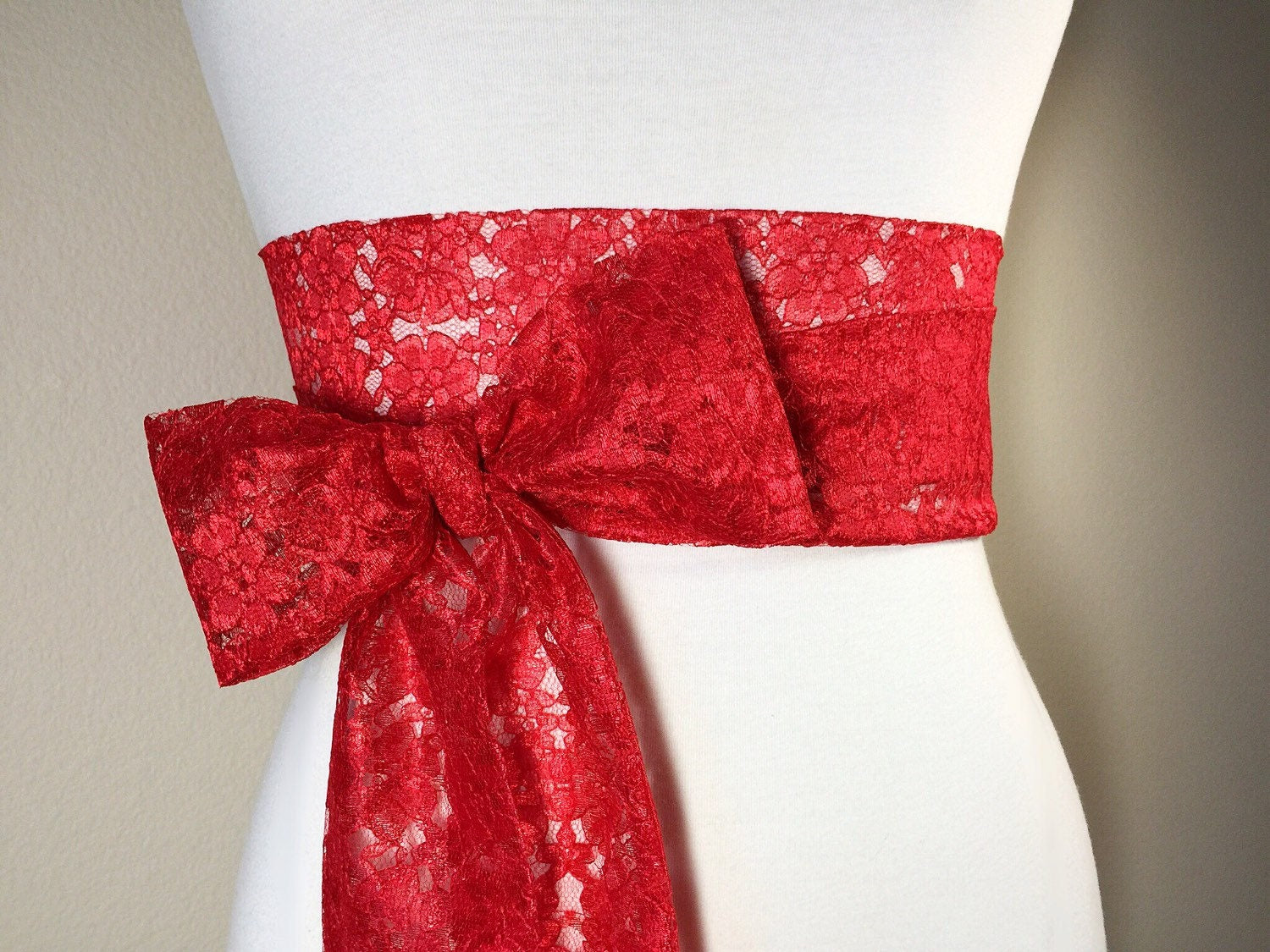 Bright Red Lace Sash, Holiday Sash, Extra Long Wedding Dress Sash, Holiday Red Sash, Bridal Belt, Long Length Lace Wrap Belt, Satin Swank