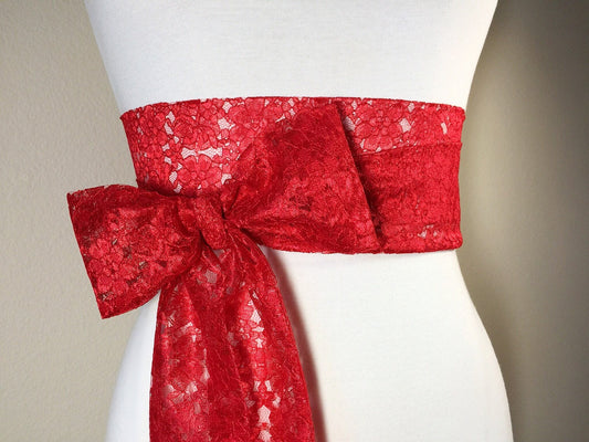 Bright Red Lace Sash, Holiday Sash, Extra Long Wedding Dress Sash, Holiday Red Sash, Bridal Belt, Long Length Lace Wrap Belt, Satin Swank
