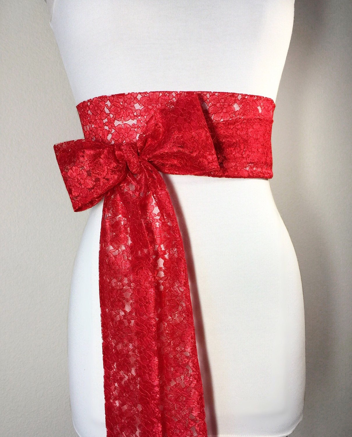 Bright Red Lace Sash, Holiday Sash, Extra Long Wedding Dress Sash, Holiday Red Sash, Bridal Belt, Long Length Lace Wrap Belt, Satin Swank