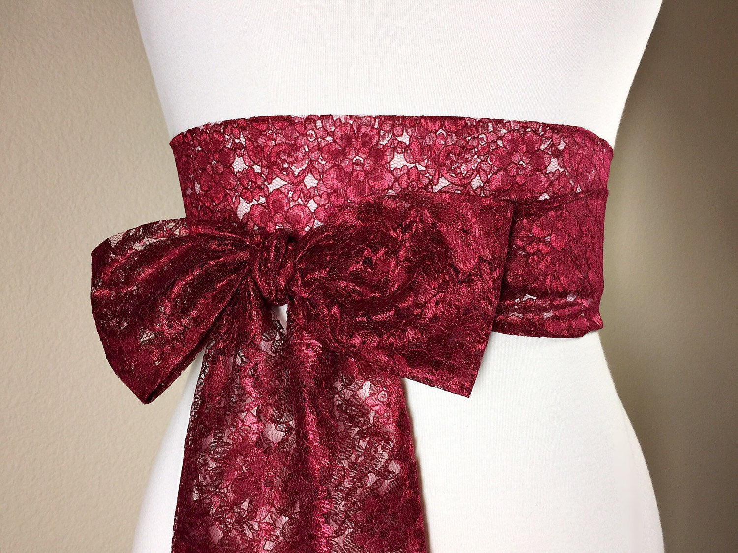 Burgundy Lace Sash, Wine Lace Sash, Extra Long Wedding Dress Sash, Maroon Lace Sash Bridal Belt, Long Length Lace Wrap Belt, Satin Swank