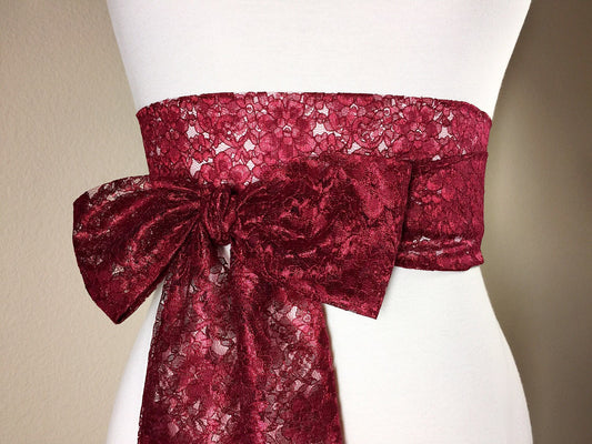 Burgundy Lace Sash, Wine Lace Sash, Extra Long Wedding Dress Sash, Maroon Lace Sash Bridal Belt, Long Length Lace Wrap Belt, Satin Swank