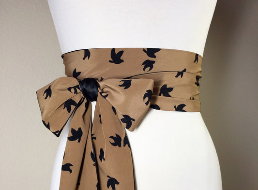 Black Bird Sash, Cappuccino & Black Sash, Bird Silhouette Print, Black Sash, Reversible Satin Sash, Black Bird Print Accessory, Satin Swank