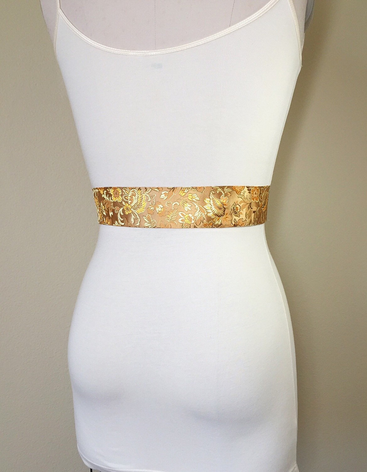 Asian Brocade Sash in Gold, Ornate Floral Sash in Gold Satin Brocade, Obi Wrap Belt, Kimono Sash, Chinese Floral Print Belt, Satin Swank