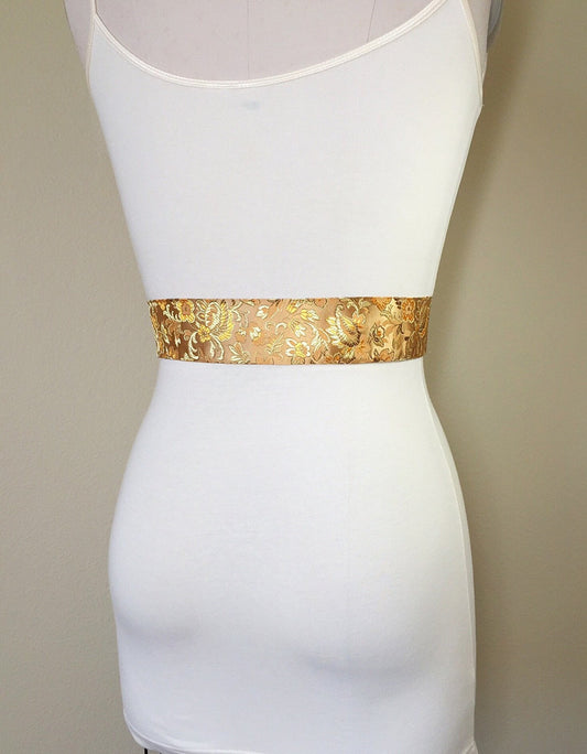 Asian Brocade Sash in Gold, Ornate Floral Sash in Gold Satin Brocade, Obi Wrap Belt, Kimono Sash, Chinese Floral Print Belt, Satin Swank