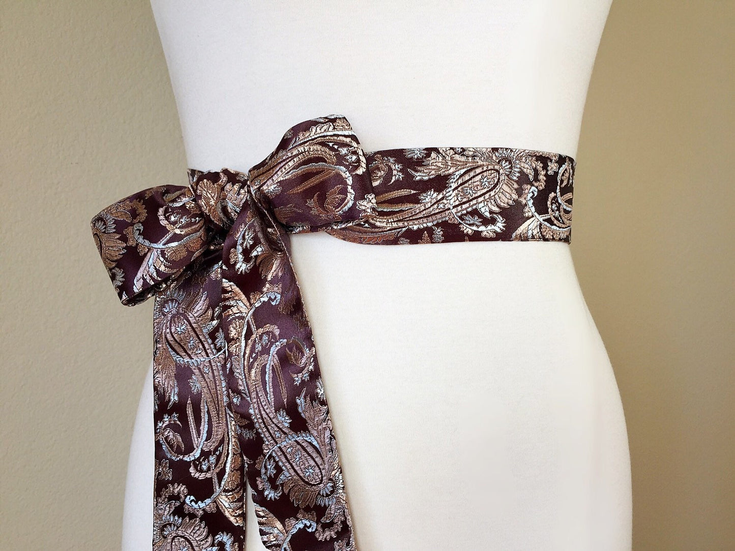 Asian Brocade Sash in Brown, Rose Gold & Silver, Paisley and Floral Sash in Satin Brocade, Obi Belt, Obi Sash, Floral Belt, Satin Swank