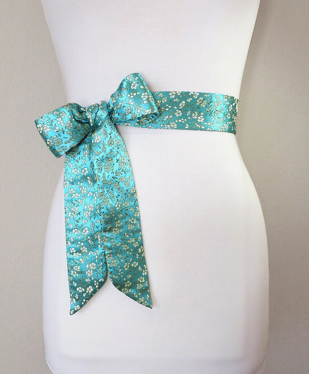 Aqua Floral Sash in Asian Brocade, Floral Sash in Aqua & Gold, Chinese Brocade Belt, Aqua Obi Belt, Gold Floral Kimono Sash, Satin Swank