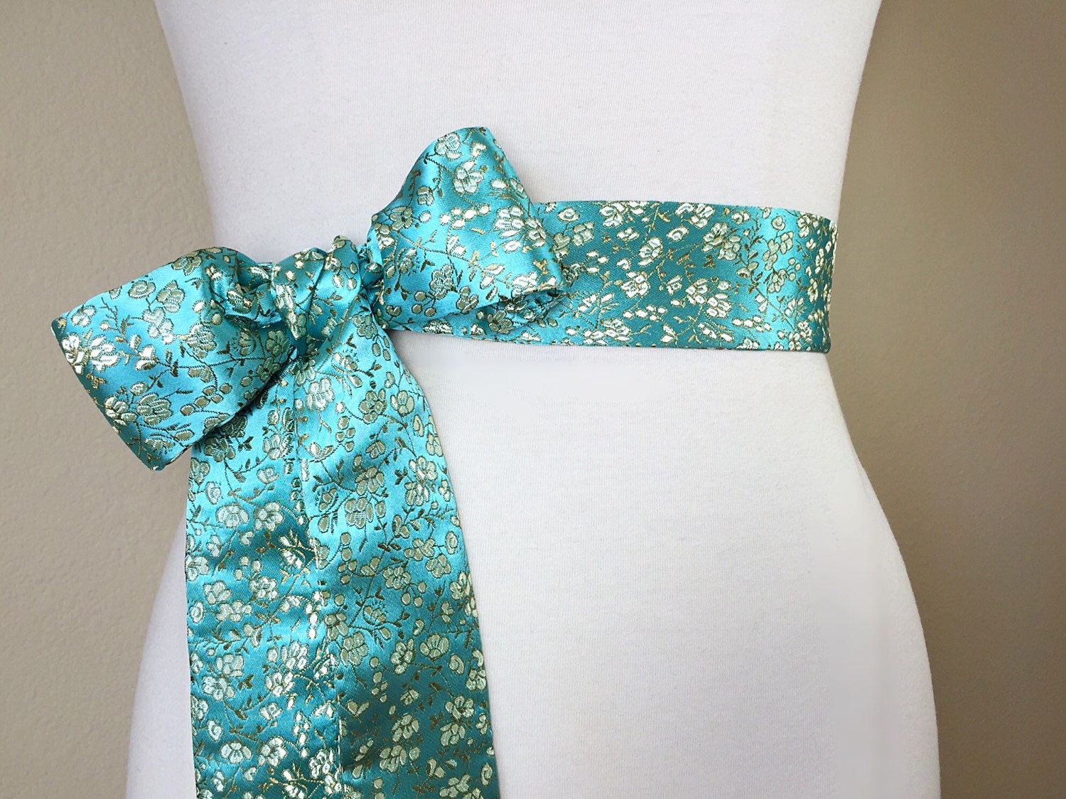 Aqua Floral Sash in Asian Brocade, Floral Sash in Aqua & Gold, Chinese Brocade Belt, Aqua Obi Belt, Gold Floral Kimono Sash, Satin Swank