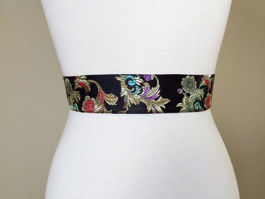 Chinese Brocade Sash, Black Floral Sash in Satin Brocade, Obi Belt, Black Gold Floral Belt, Kimono Sash Belt, Asian Brocade Sash, SatinSwank