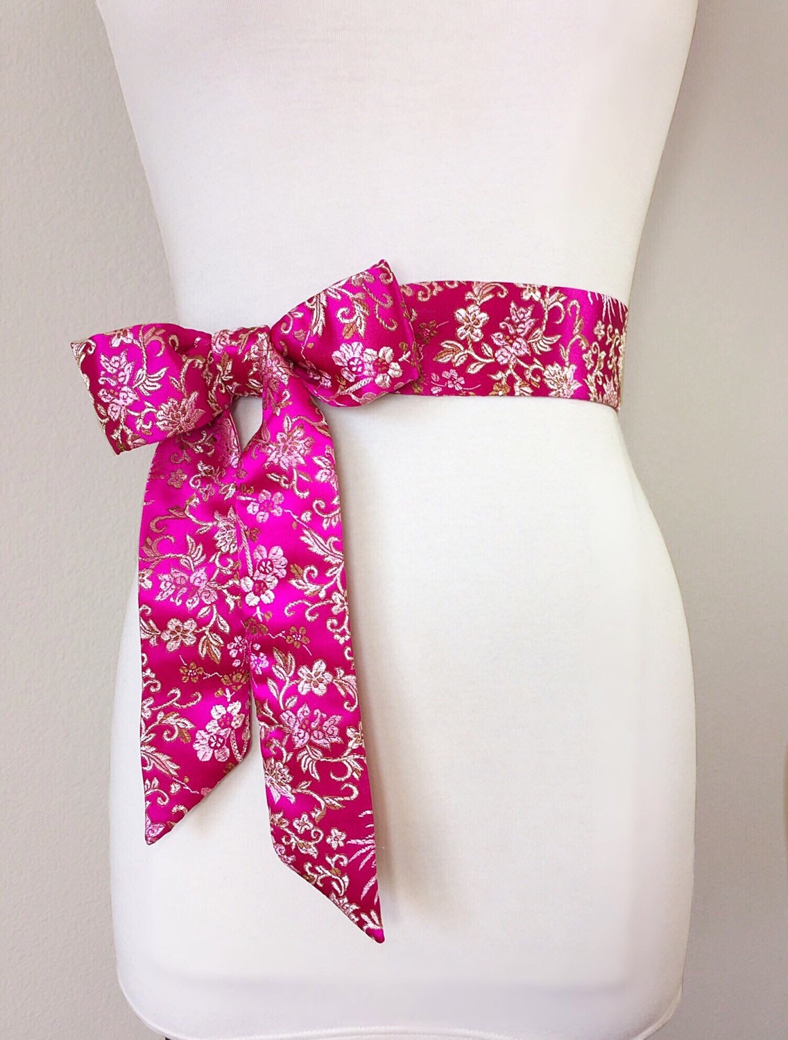 Hot Pink Sash in Asian Brocade, Pink Floral Sash in Gold Satin Brocade, Hot Pink Obi Belt, Kimono Sash, Chinese Brocade Sash, Satin Swank