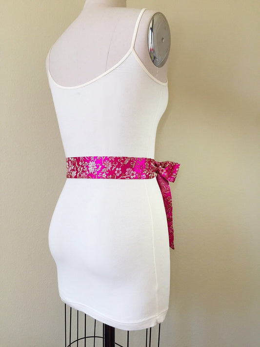 Hot Pink Sash in Asian Brocade, Pink Floral Sash in Gold Satin Brocade, Hot Pink Obi Belt, Kimono Sash, Chinese Brocade Sash, Satin Swank