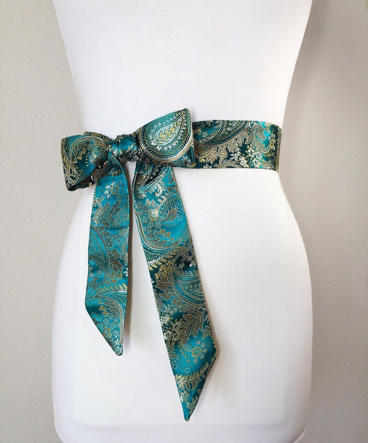Emerald Brocade Sash, Emerald Green Sash in Paisley Floral Satin Brocade, Obi Belt, Emerald & Gold Sash Belt, Asian Brocade Sash Satin Swank