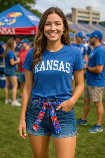 University of Kansas Sash Belt, Kansas Jayhawks Tailgate Outfit, KU Game Day Outfit, Kansas Game Day Clothes, KU Tailgate + More Colleges
