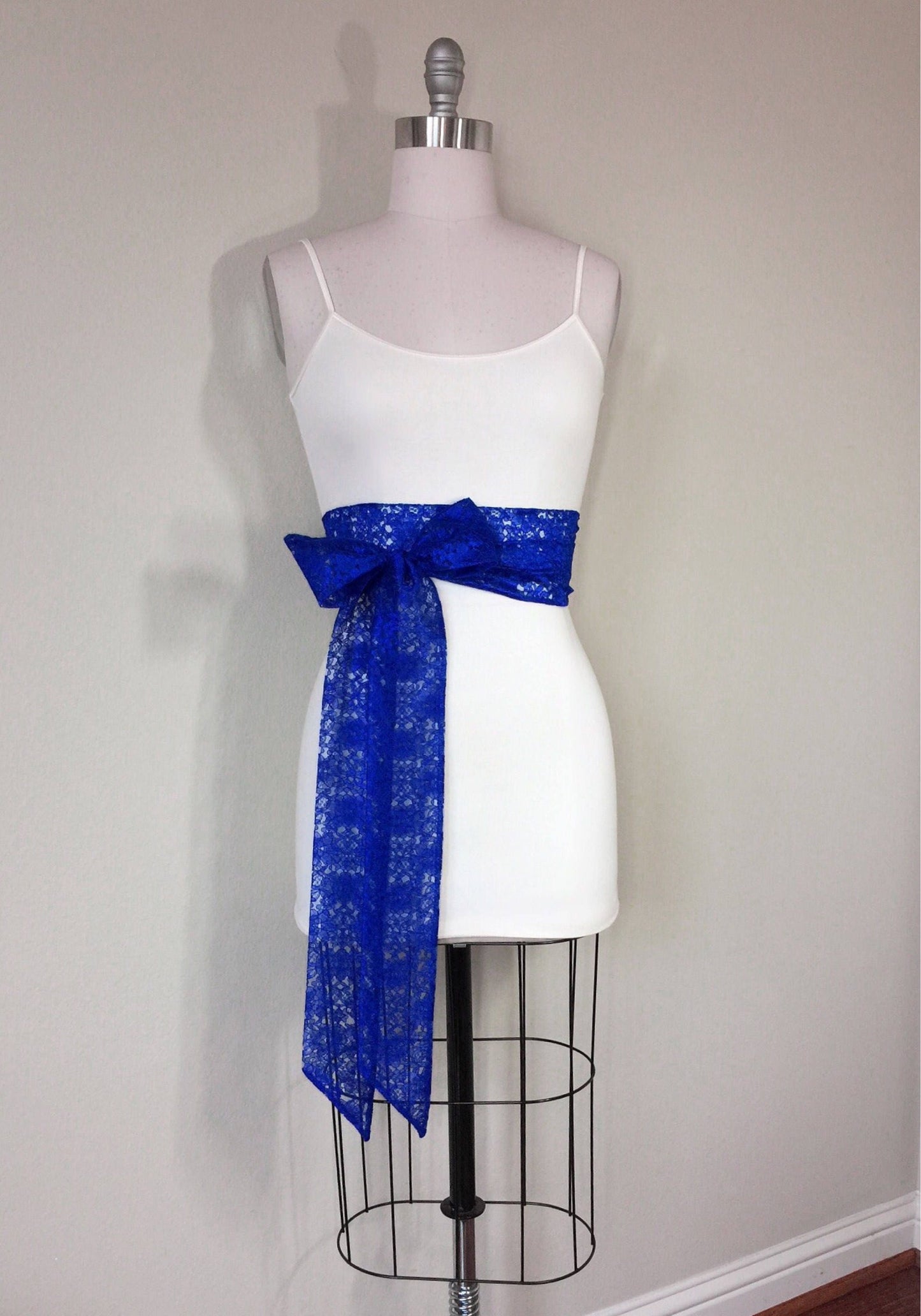 Royal Blue Lace Sash, Royal Lace Sash, Extra Long Wedding Dress Sash, Royal Blue Bridal Sash, Long Length Lace Wrap Belt, Satin Swank