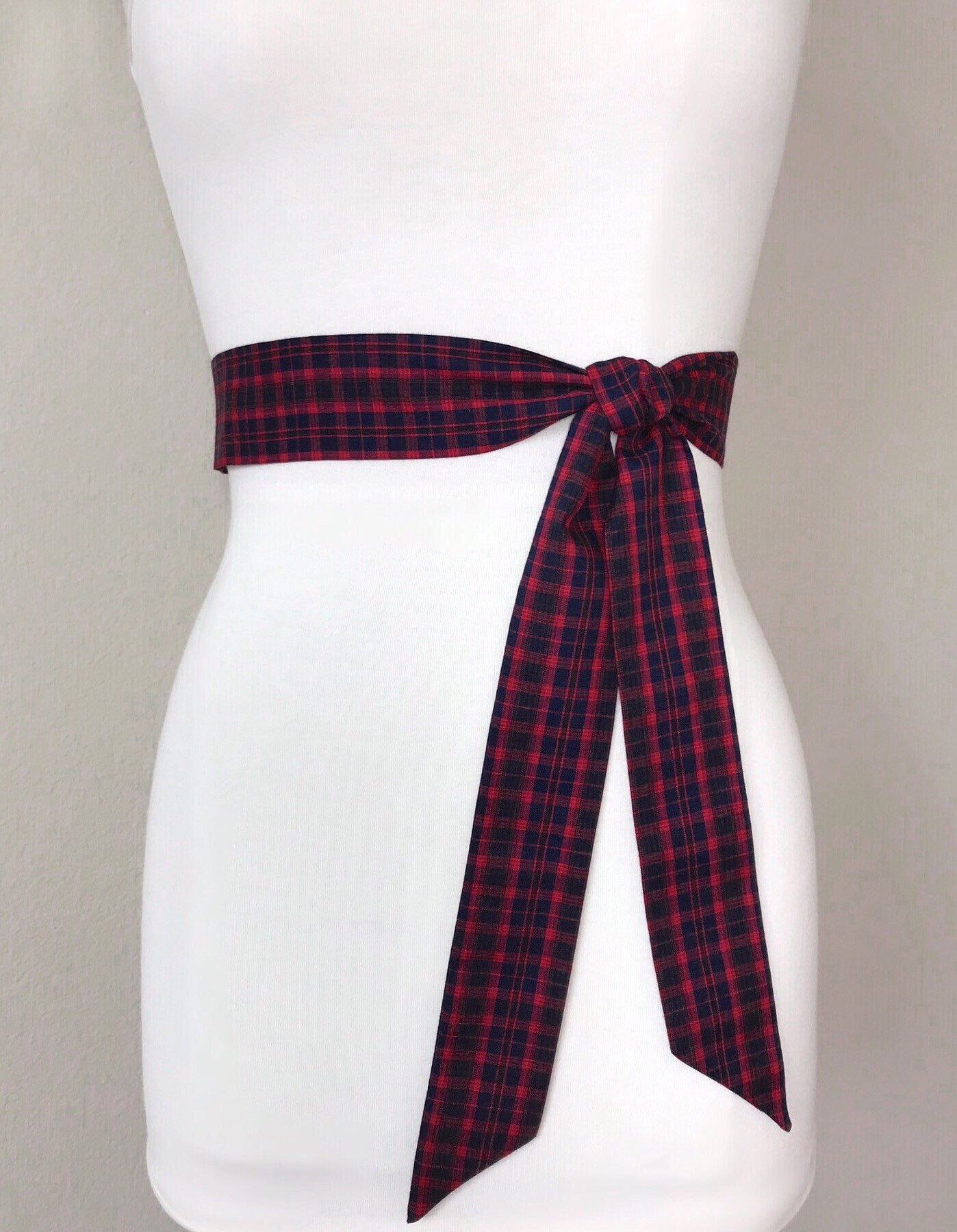 Red & Navy Tartan Sash, Narrow Plaid Sash, Navy Red Tartan Plaid, Mini Tartan Plaid Sash Belt, Scottish Tartan Accessories, Satin Swank