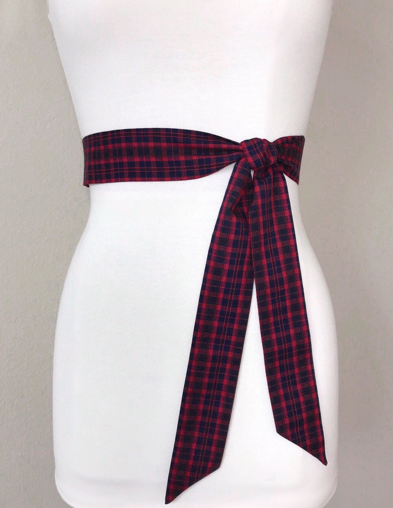 Red & Navy Tartan Sash, Narrow Plaid Sash, Navy Red Tartan Plaid, Mini Tartan Plaid Sash Belt, Scottish Tartan Accessories, Satin Swank