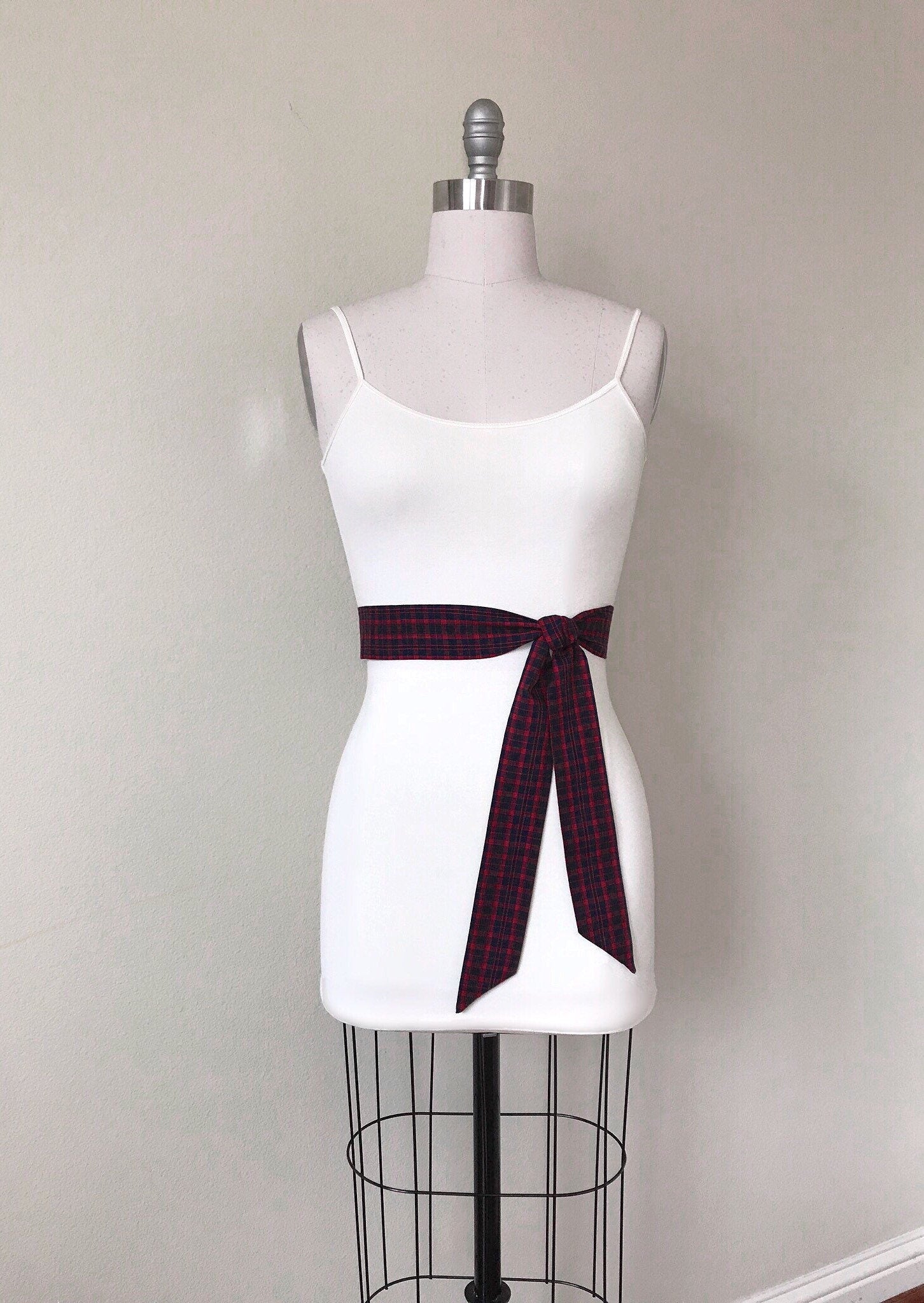 Red & Navy Tartan Sash, Narrow Plaid Sash, Navy Red Tartan Plaid, Mini Tartan Plaid Sash Belt, Scottish Tartan Accessories, Satin Swank