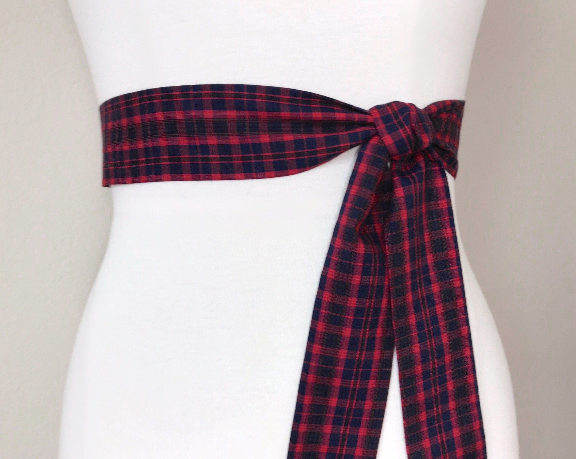 Red & Navy Tartan Sash, Narrow Plaid Sash, Navy Red Tartan Plaid, Mini Tartan Plaid Sash Belt, Scottish Tartan Accessories, Satin Swank