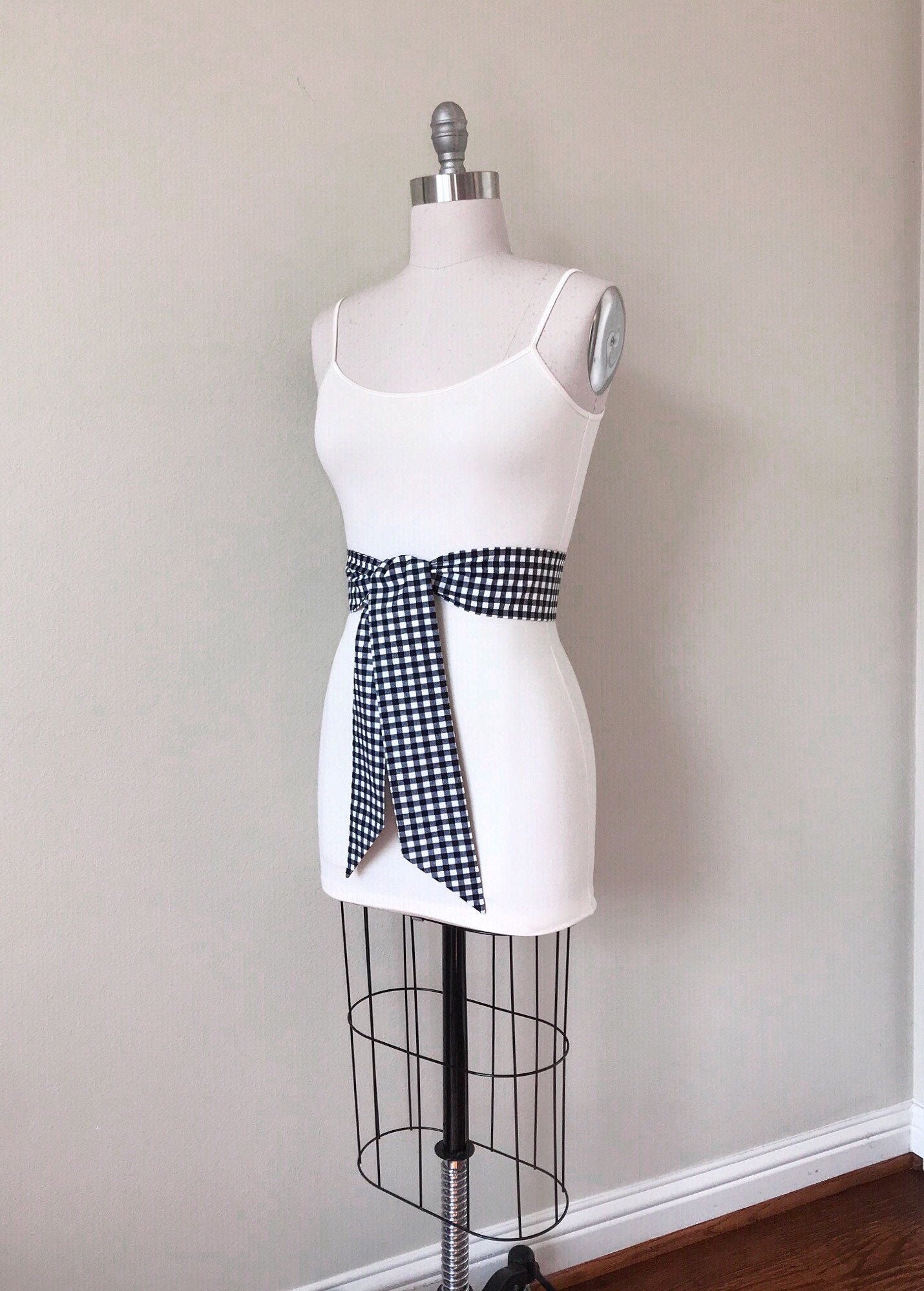 Mini Buffalo Plaid in Black & White, Gingham Plaid Sash, Black White Checkered Sash, Black White Sash Belt, Black Gingham Belt, Satin Swank