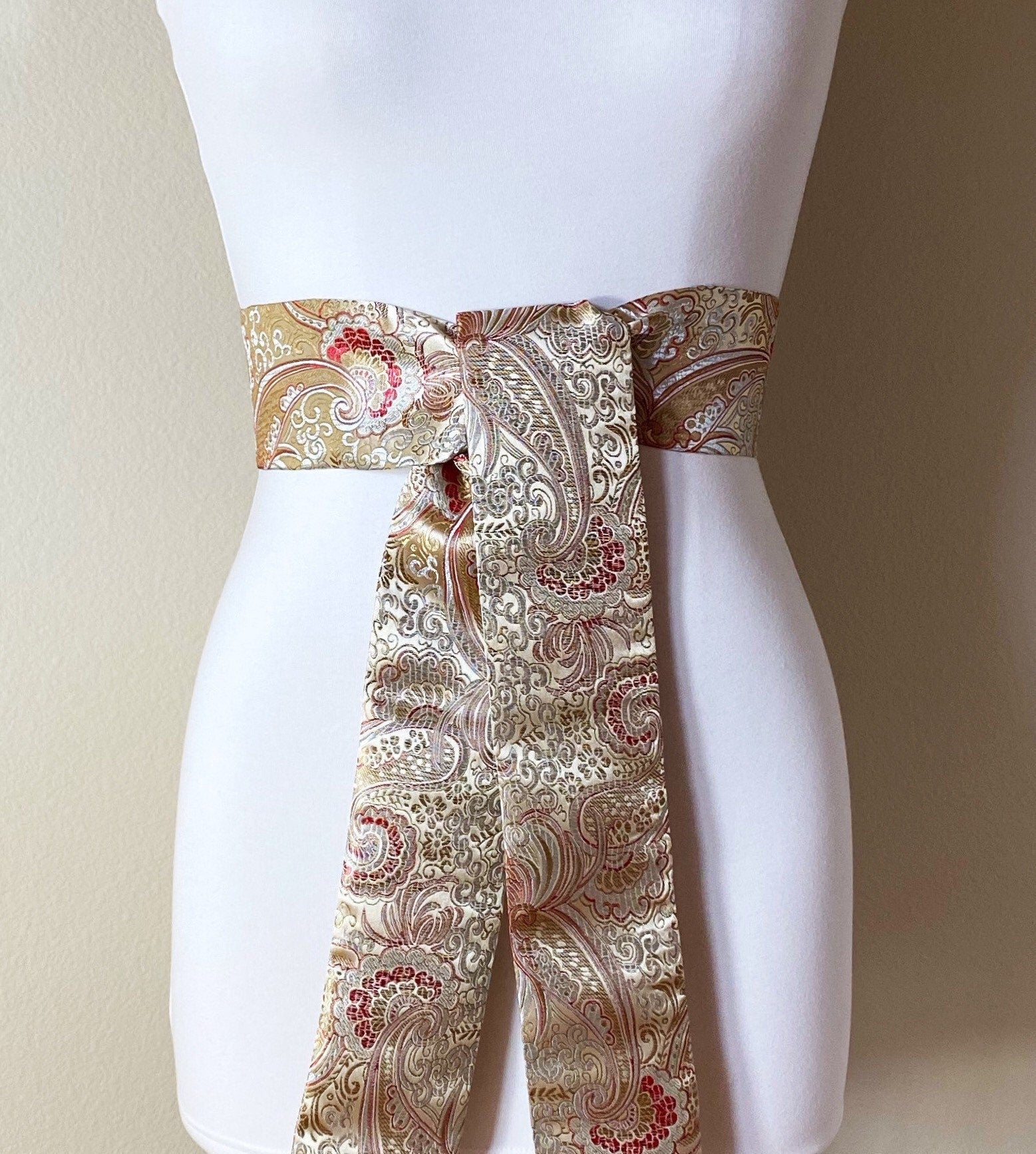 Wide Gold & Red Chinese Brocade Sash, Red and Gold Brocade Sash Belt, Red and Gold Obi Belt, Kimono Sash Belt, Asian Brocade, Satin Swank