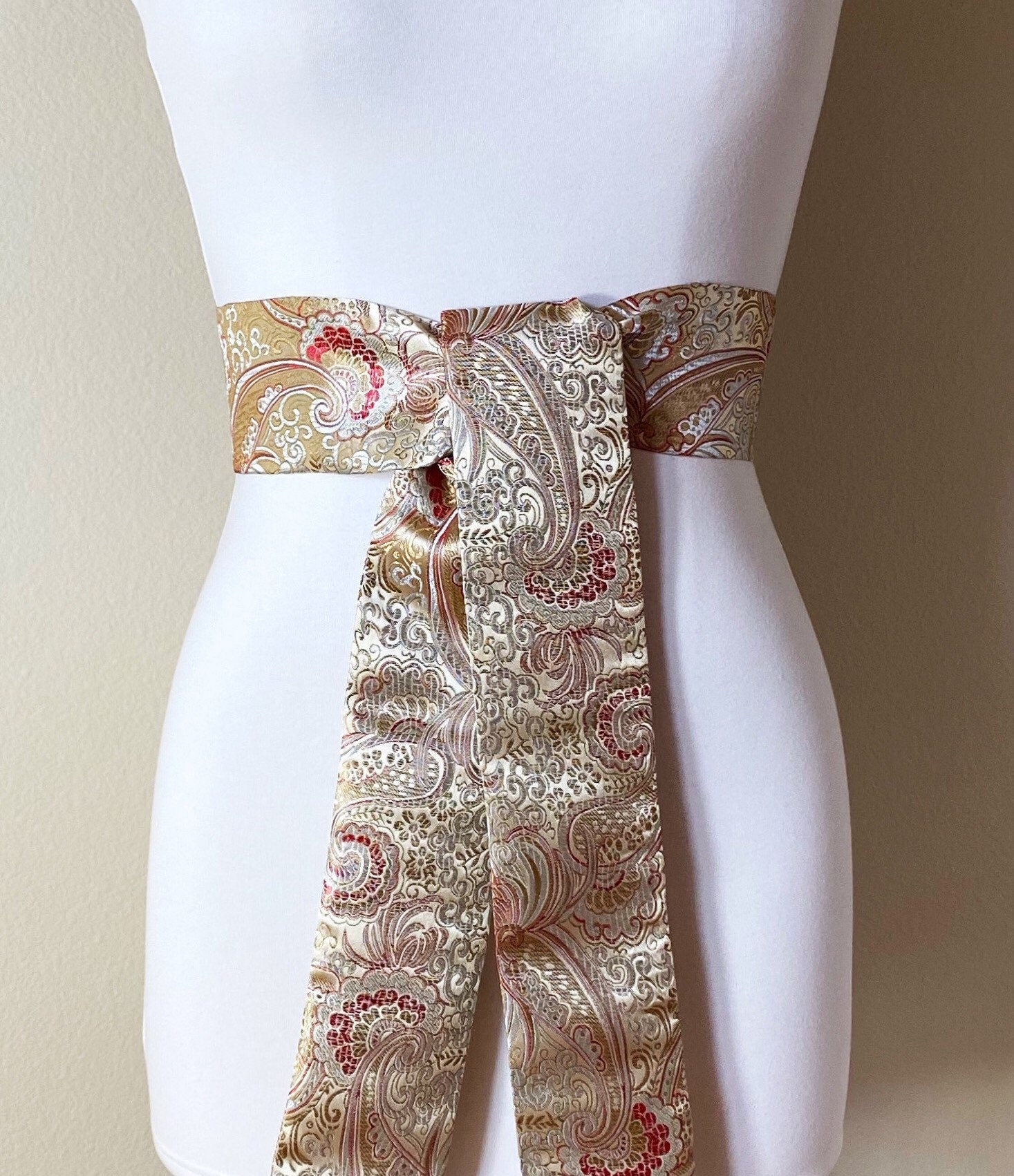 Wide Gold & Red Chinese Brocade Sash, Red and Gold Brocade Sash Belt, Red and Gold Obi Belt, Kimono Sash Belt, Asian Brocade, Satin Swank
