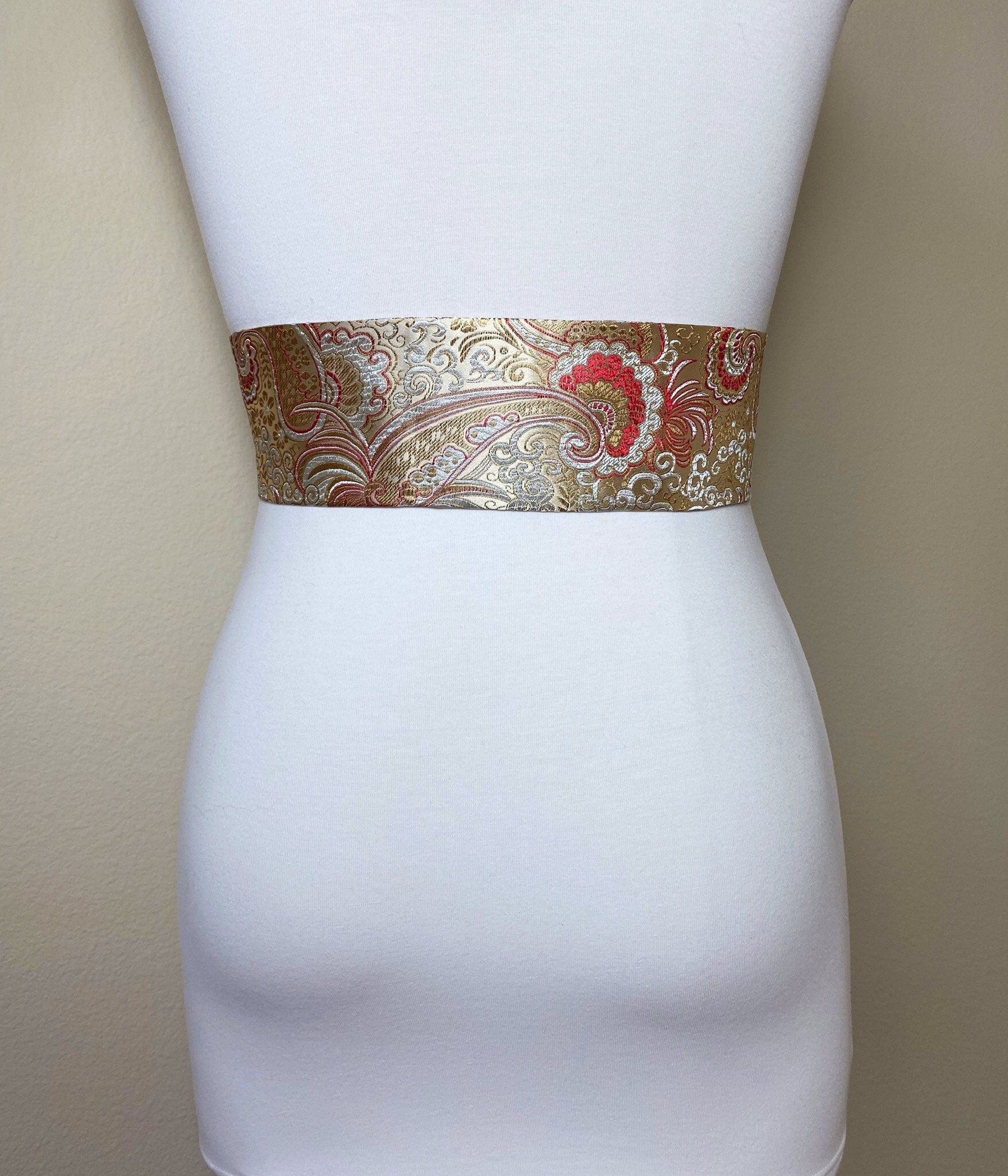 Wide Gold & Red Chinese Brocade Sash, Red and Gold Brocade Sash Belt, Red and Gold Obi Belt, Kimono Sash Belt, Asian Brocade, Satin Swank