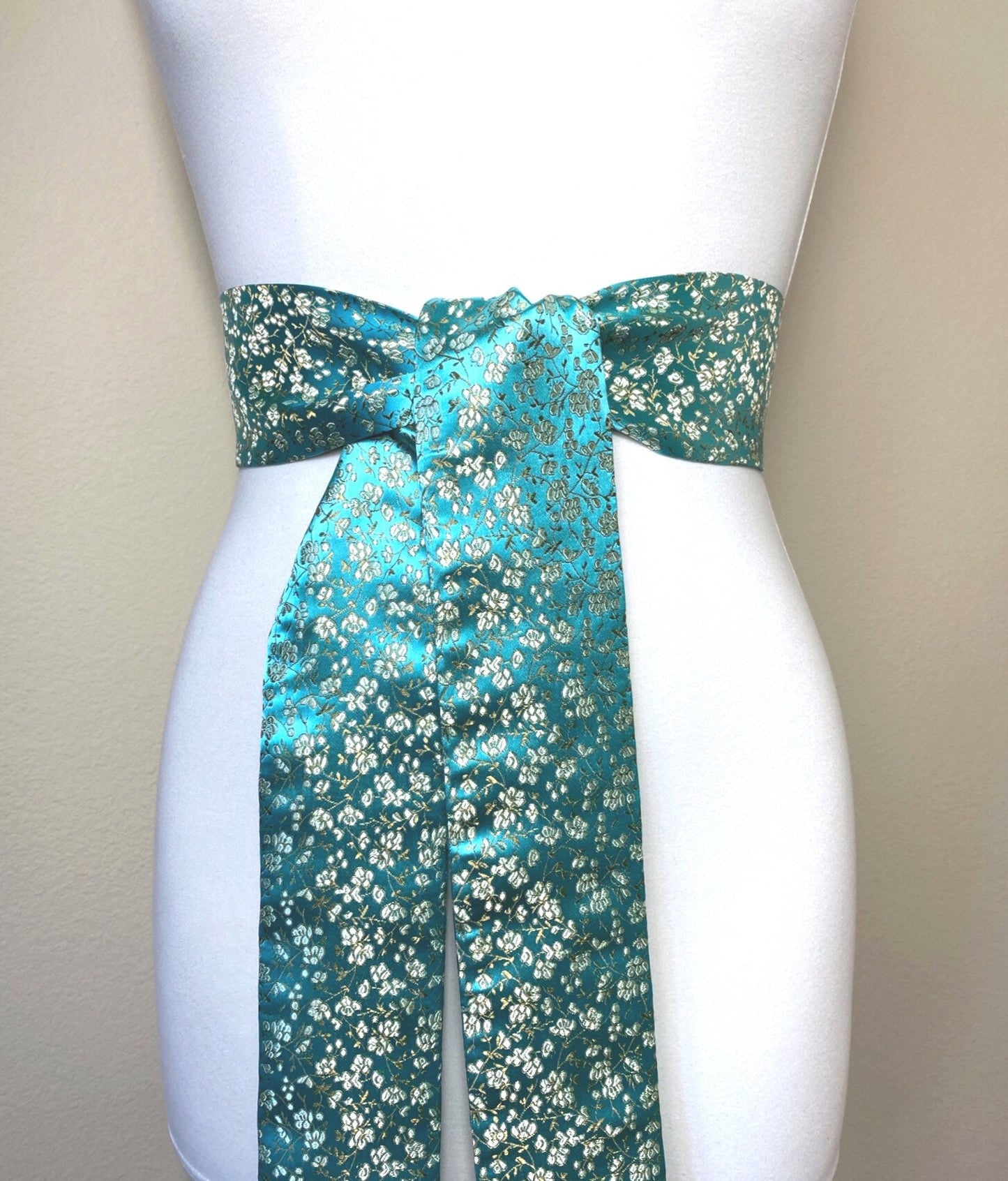 Wide Aqua Floral Sash in Asian Brocade, Floral Sash in Aqua & Gold, Chinese Brocade Belt, Aqua Obi Belt, Gold Floral Kimono Sash Satin Swank