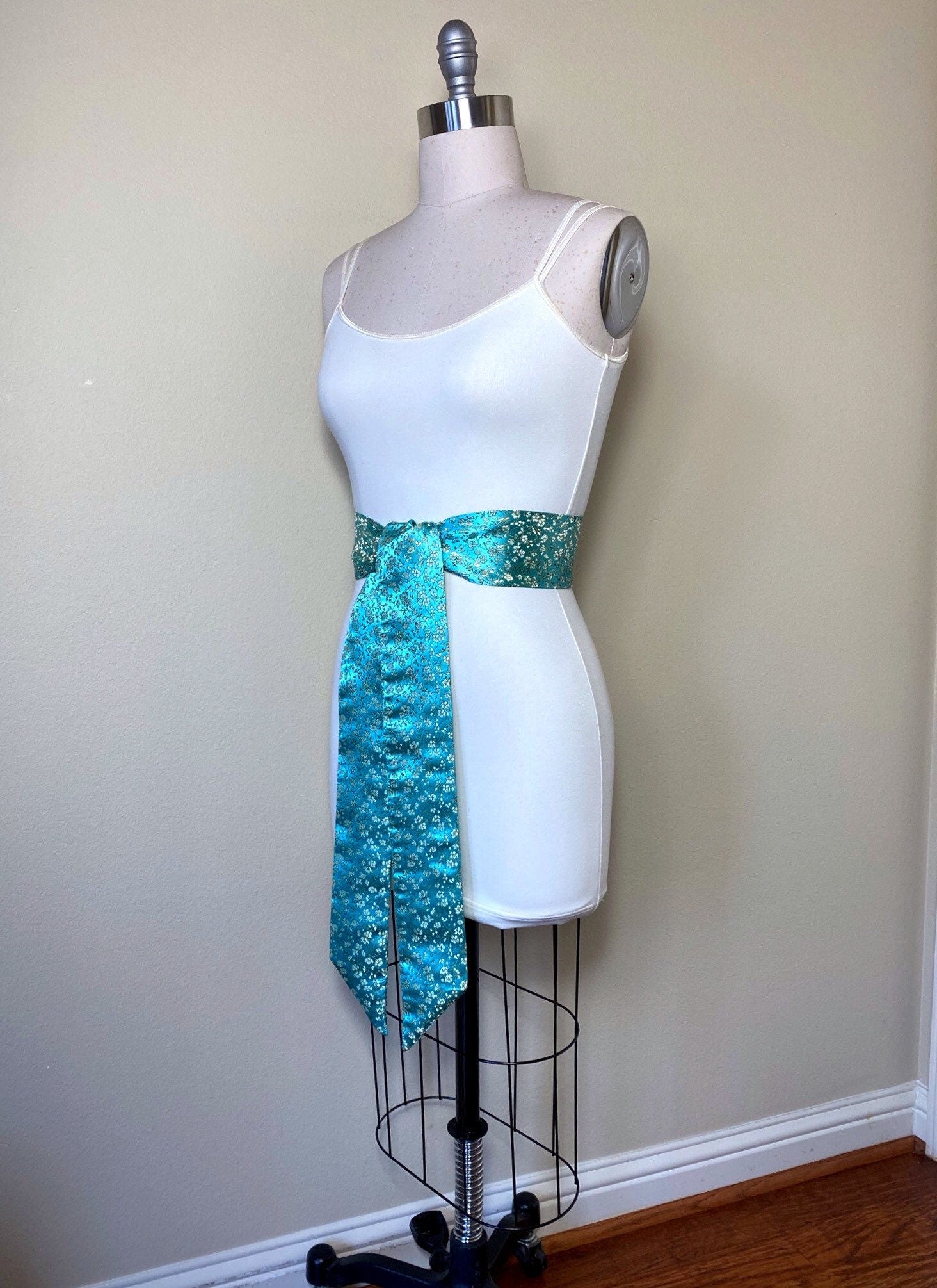 Wide Aqua Floral Sash in Asian Brocade, Floral Sash in Aqua & Gold, Chinese Brocade Belt, Aqua Obi Belt, Gold Floral Kimono Sash Satin Swank