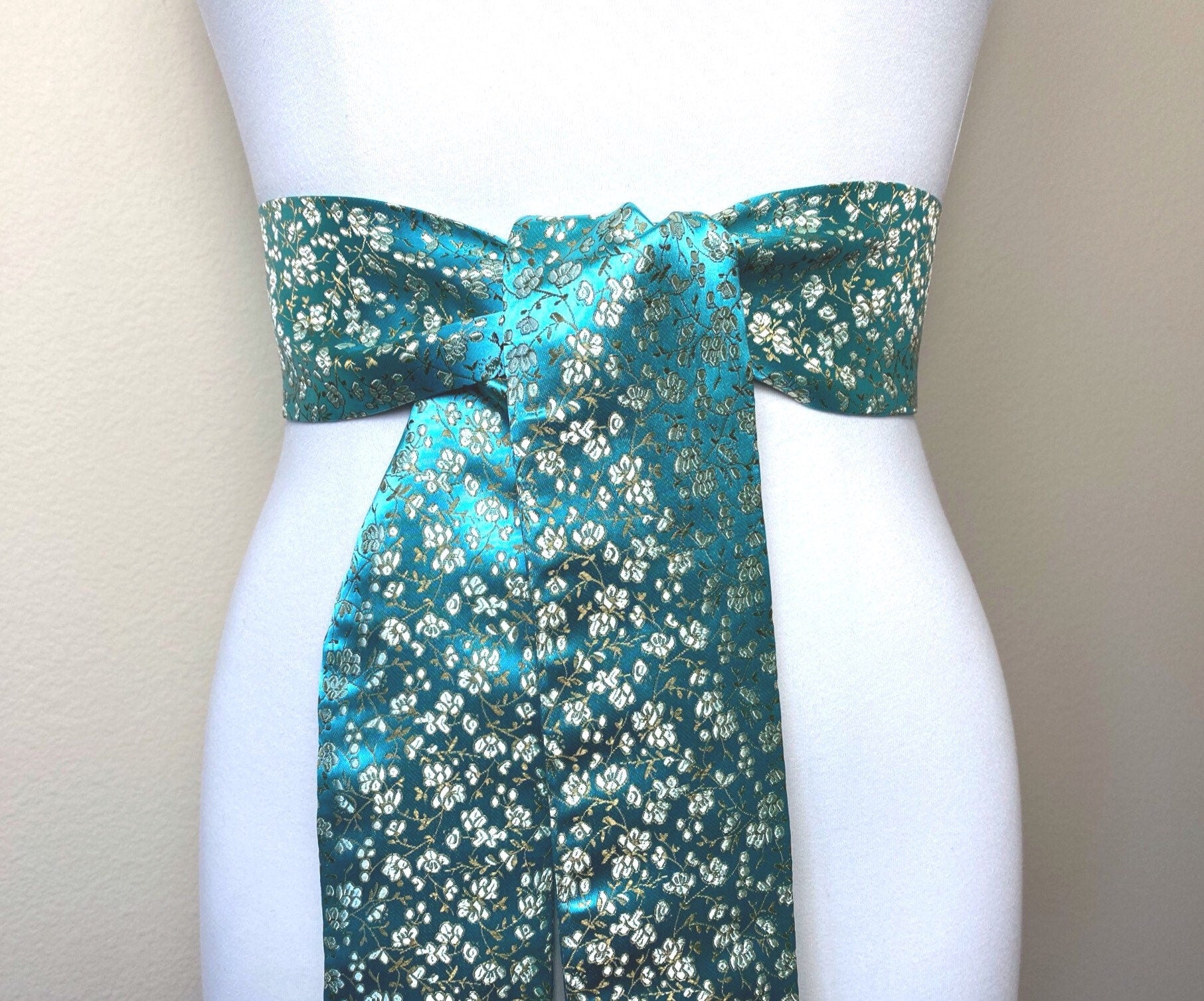 Wide Aqua Floral Sash in Asian Brocade, Floral Sash in Aqua & Gold, Chinese Brocade Belt, Aqua Obi Belt, Gold Floral Kimono Sash Satin Swank