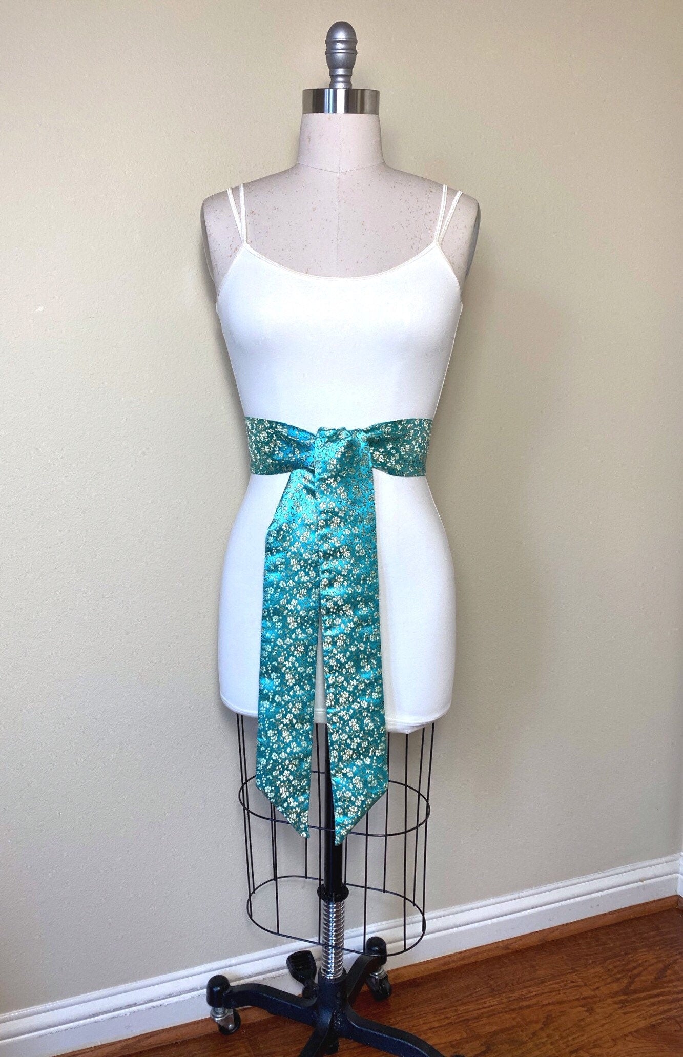 Wide Aqua Floral Sash in Asian Brocade, Floral Sash in Aqua & Gold, Chinese Brocade Belt, Aqua Obi Belt, Gold Floral Kimono Sash Satin Swank