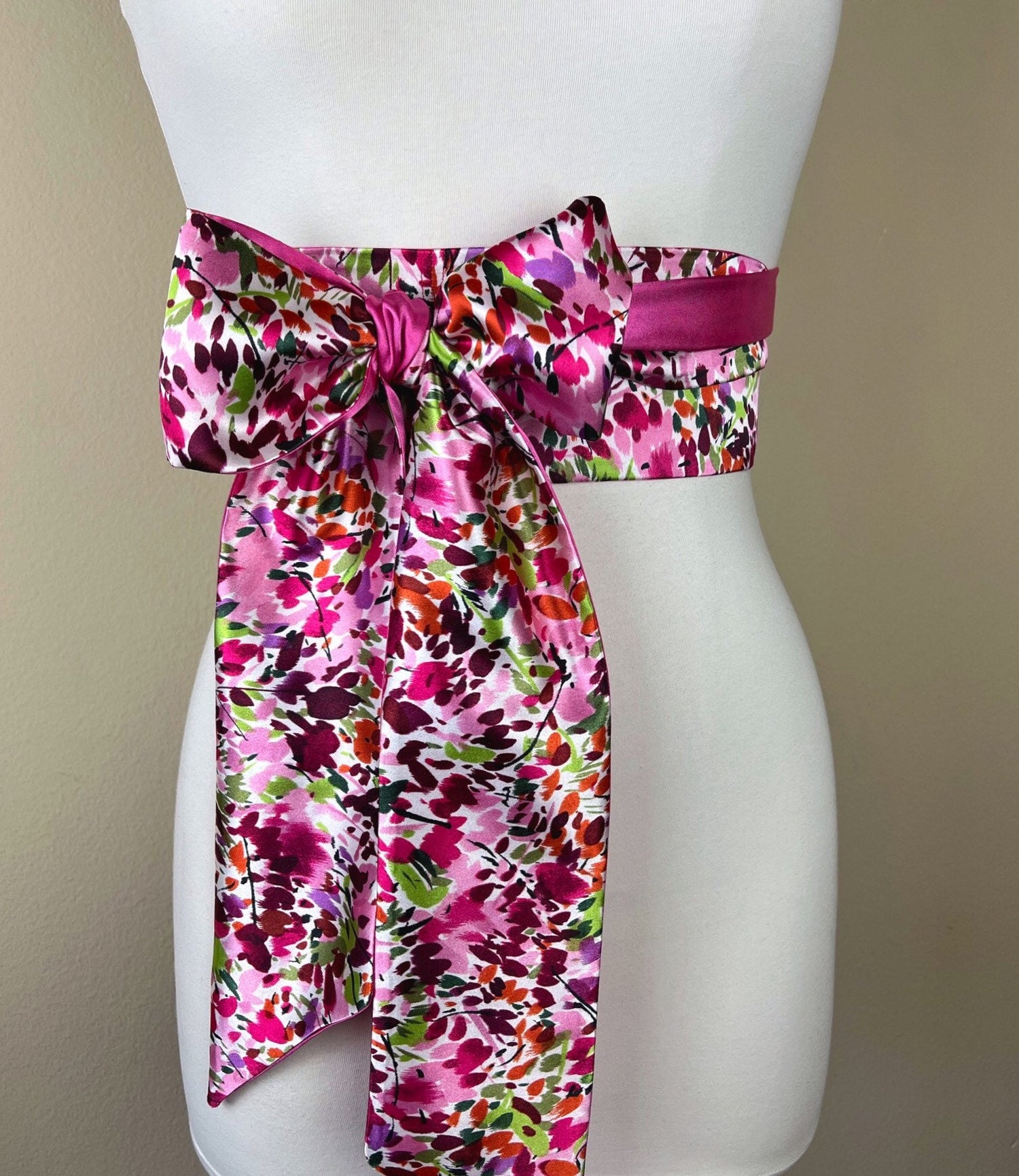 Multi Pink Print Sash, Pink Watercolor Print, Pink Sash Belt, Multi Color Sash, Mixed Print Satin Wrap Belt, Pink Print Sash, Satin Swank