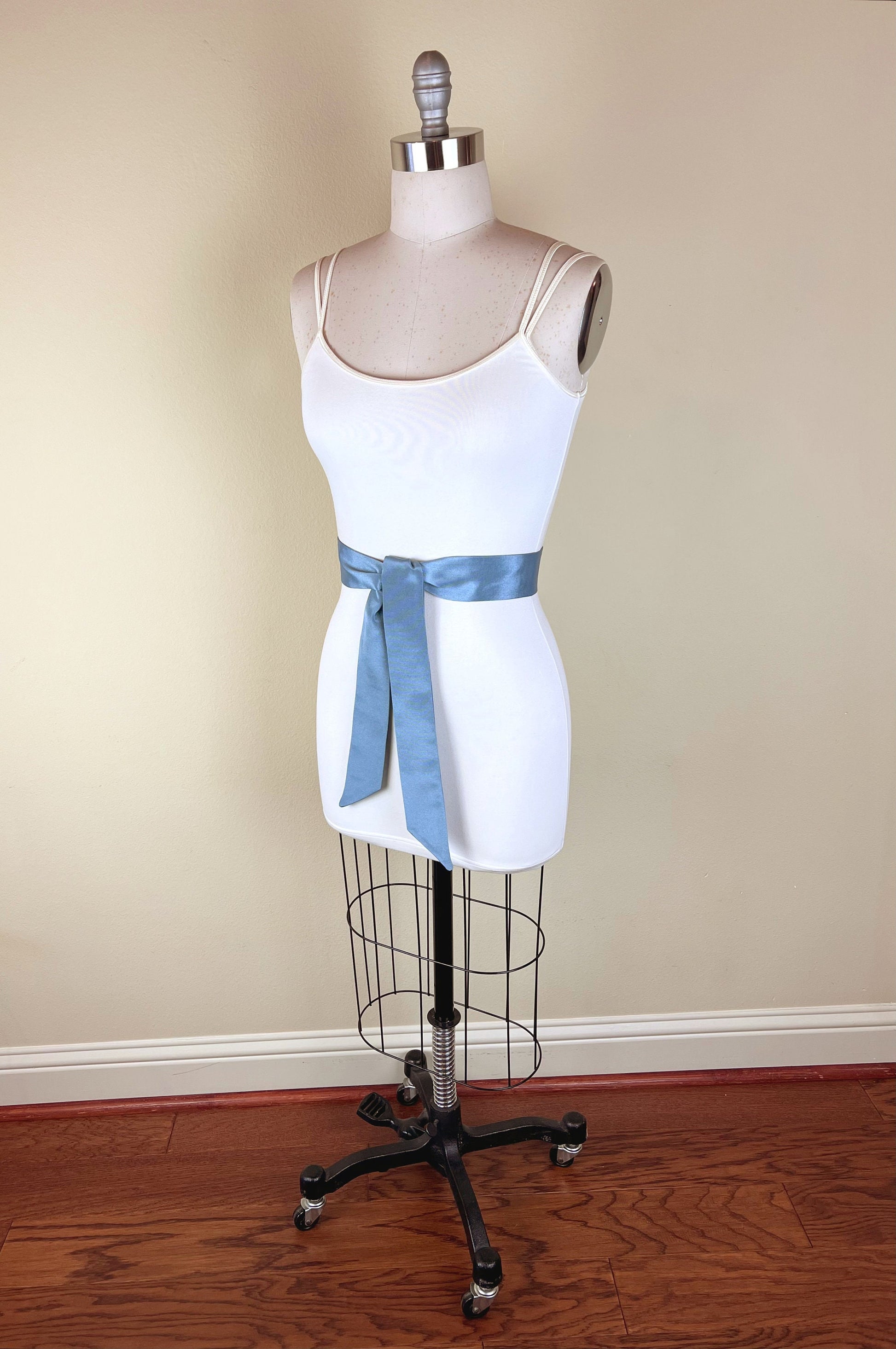 Narrow Smoke Blue Ribbed Satin Sash Belt by Satin Swank Narrow Smoke Blue Ribbed Satin Sash Belt by Satin Swank